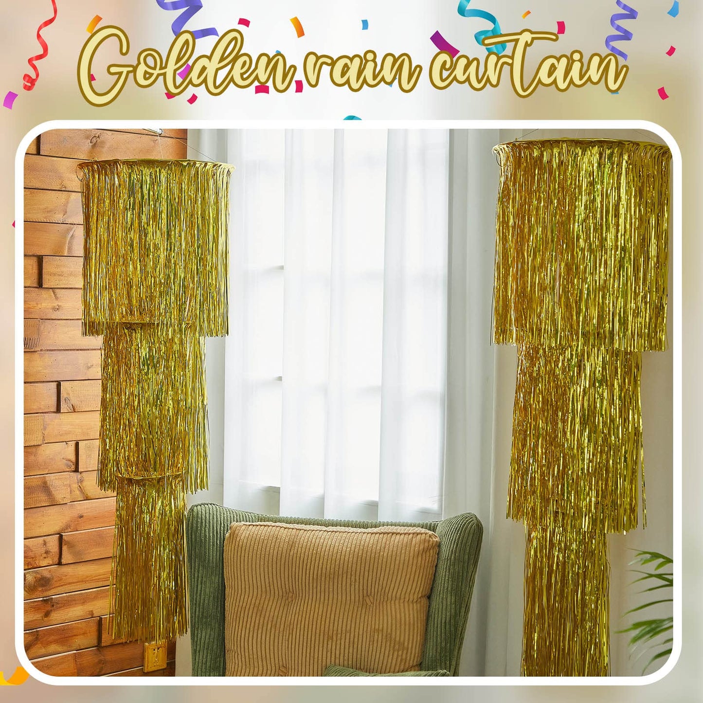 Tatuo 2 Pcs 3 Tier Metallic Tinsel Chandelier Shimmering Fringe Chandelier Decor Hanging Decoration Photo Booth Backdrop for Birthday Anniversary Wedding New Year's Eve Party Supplies, 4 ft (Gold)
