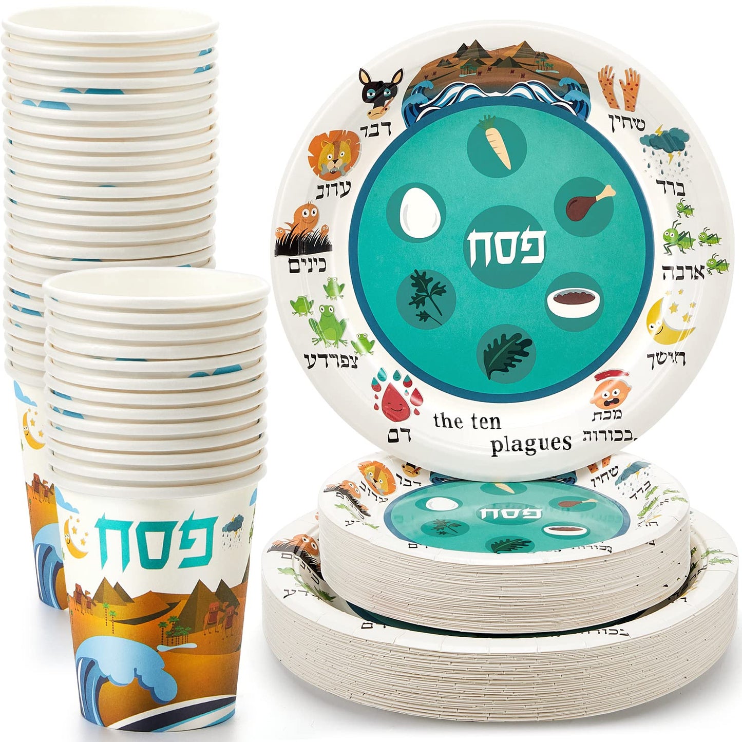 Tessco for you 120 Pcs Disposable Passover Tableware Set Seder Paper Plate and Cups Serve 40 People 9" 7" Pesach Green and White Plates Cups for Passover Party Supplies Kitchen Decorations