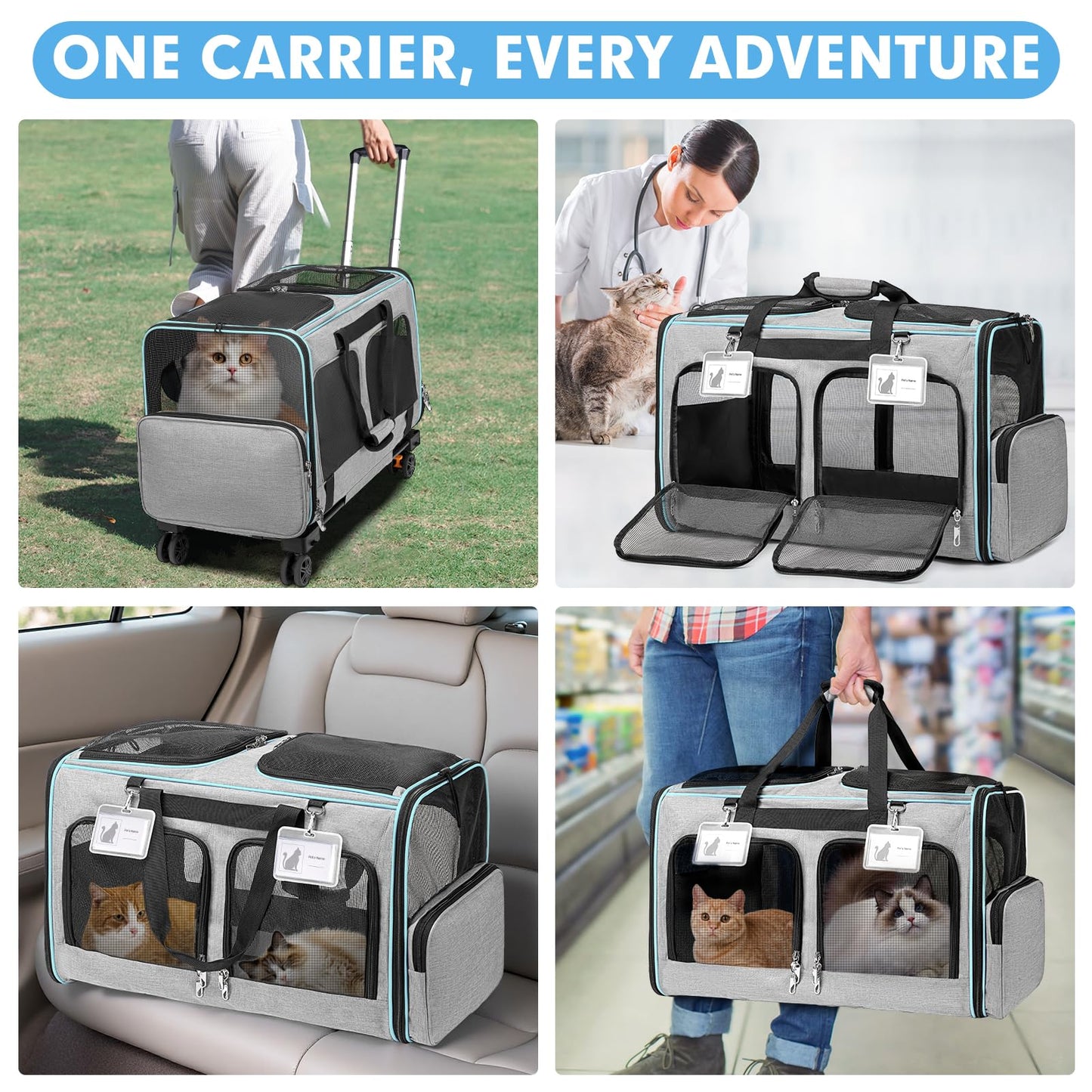 LUFFWELL Large Cat Carrier with Wheels, 2-in-1 Rolling Pet Carrier for Two Cats with Whisper-Quiet Wheels, Extra Large Soft-Sided Pet Travel Carrier for Vet Visits, Park Strolls & Car Travel (Grey)