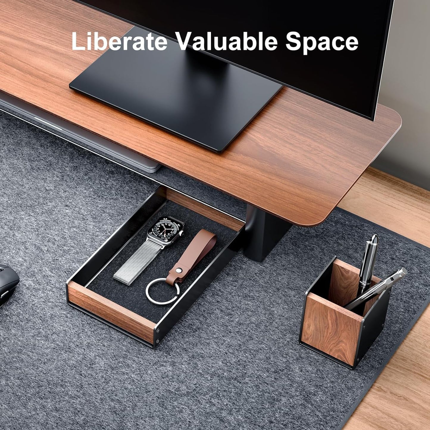 SHUOSUO Walnut Wood Desk Tray with Pen Holder Set, Natural Wooden & Aluminium Desk Office Draw Organizer Tray for Keys, Pen, Watch