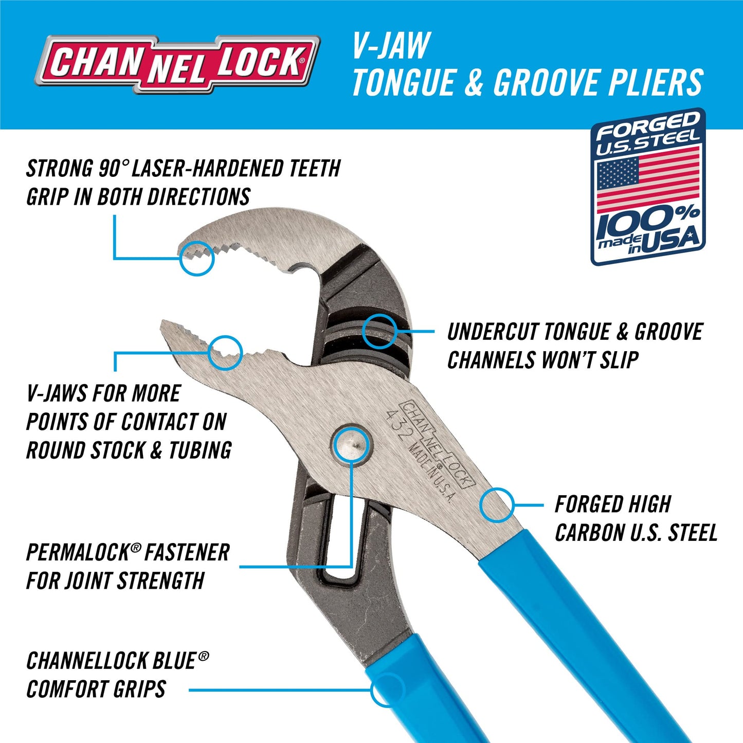 Channellock 432 2-Inch Jaw Capacity 10-Inch V-Jaw Tongue and Groove Plier