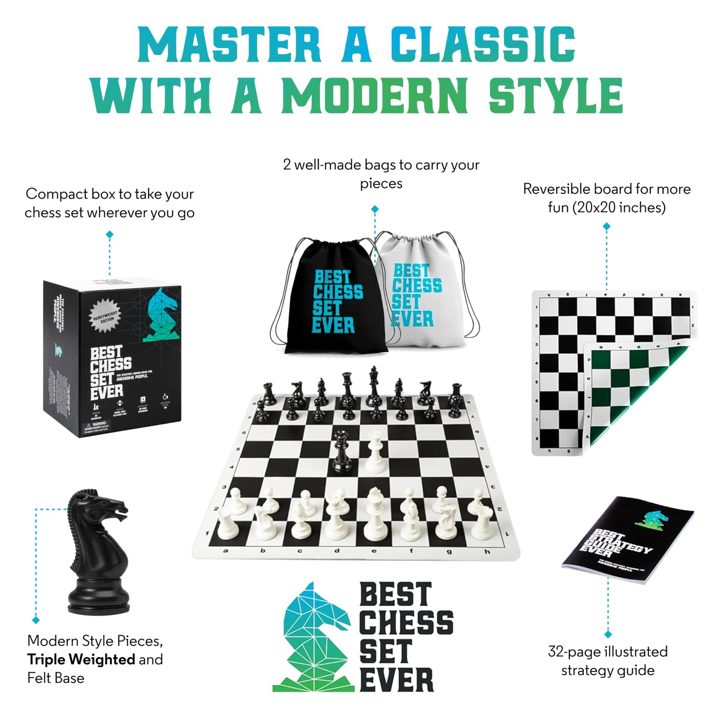 Best Chess Set Ever 3X Triple Weighted Tournament Size Chess Board Set (4" King) Large Staunton Modern Pieces, 20x20 Big Double-Sided, Roll Up Silicone Mat, Professional Chess Game for Kids & Adults