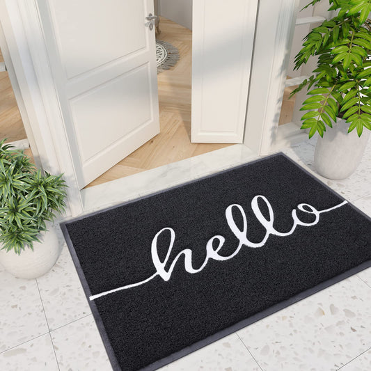 Colorxy “Hello” Door Mat, Dirt Trapper Doormats Non-Slip Low Profile Durable Door Mat for Outdoor, Indoor, Entrance, Patio, Front Back Door, 36" x 24", Black