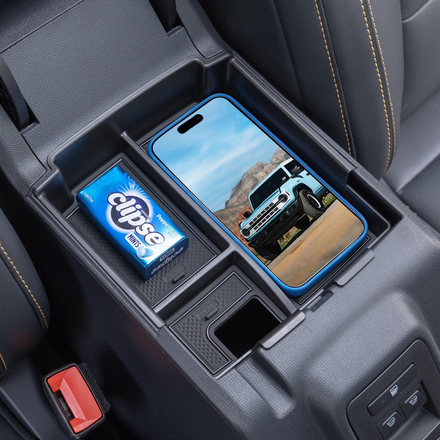 TOPINSTALL 2025 Upgraded Tray Compatible with Ford Bronco 2025 2026 4-Door Automatic Transmission, Full Size Bronco Center Console Organizer Armrest Box Black (Not for 2-Door & Bronco Sport)