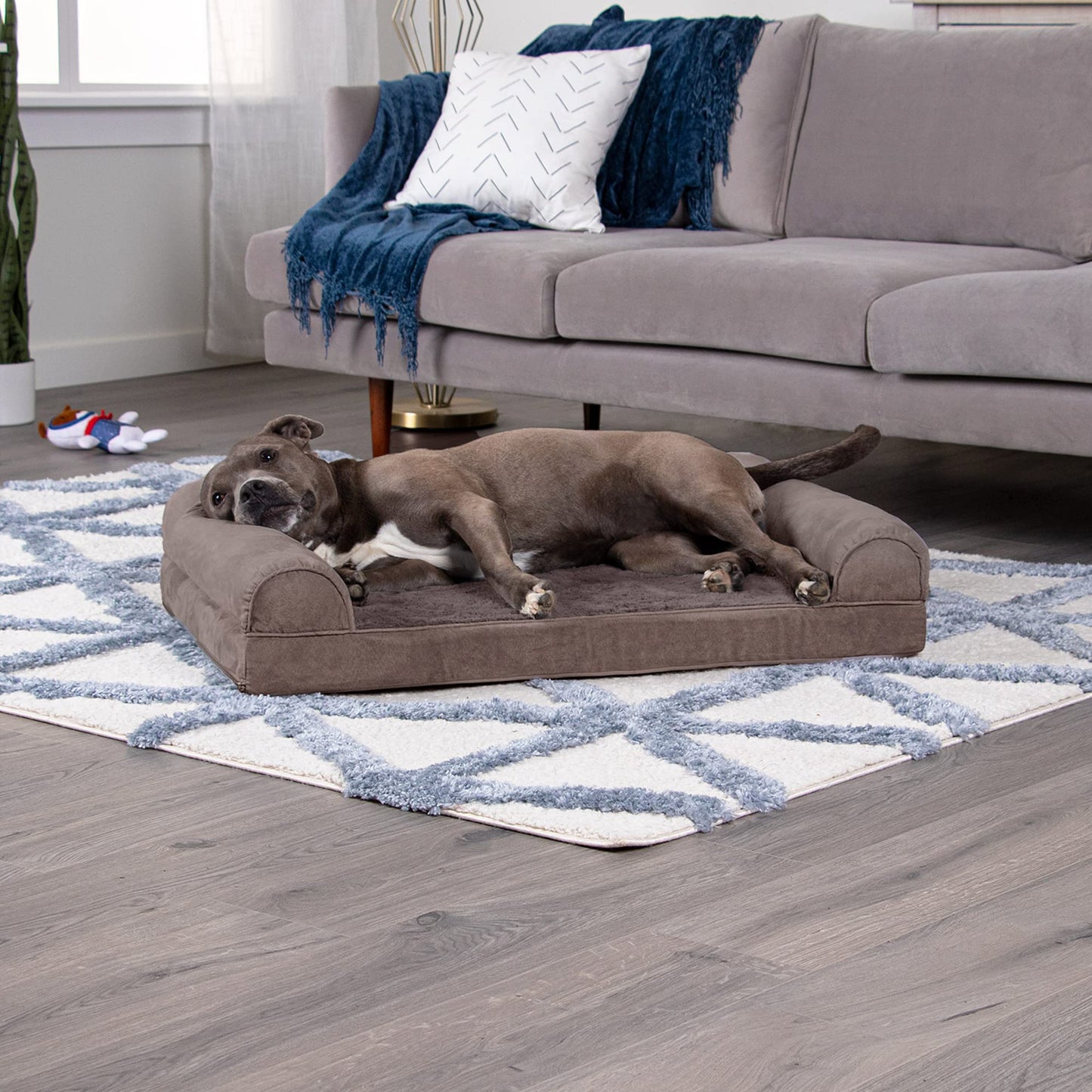 Furhaven Orthopedic Dog Bed for Large/Medium Dogs w/Removable Bolsters & Washable Cover, for Dogs Up to 55 lbs - Faux Fur & Velvet Sofa - Driftwood Brown, Large