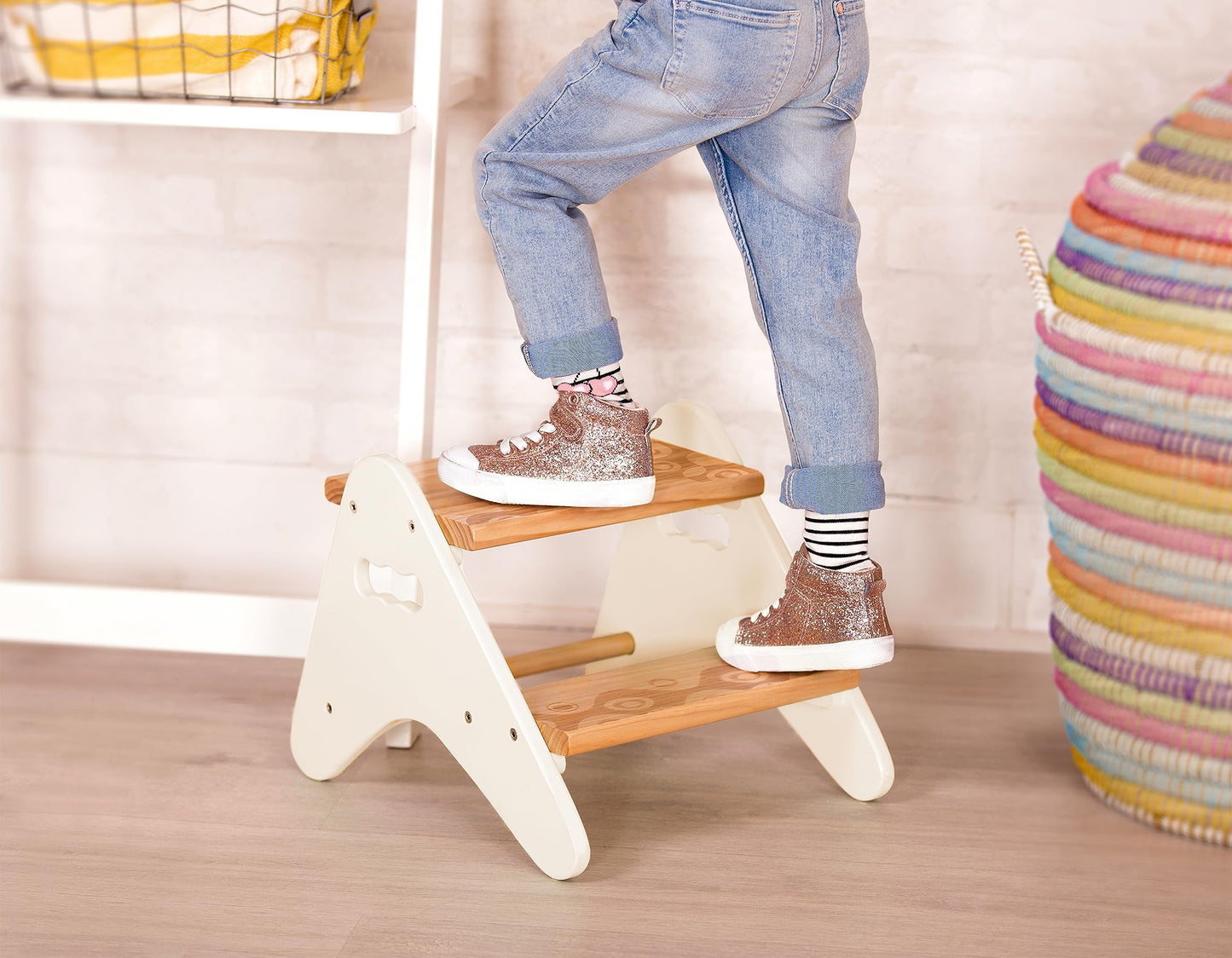 B. toys – Step Stool for Kids – Ivory & Wood Stepping Stool for The Bedroom, Bathroom, Kitchen – Furniture for Toddlers – Peek – A – Boost – 2+ Years