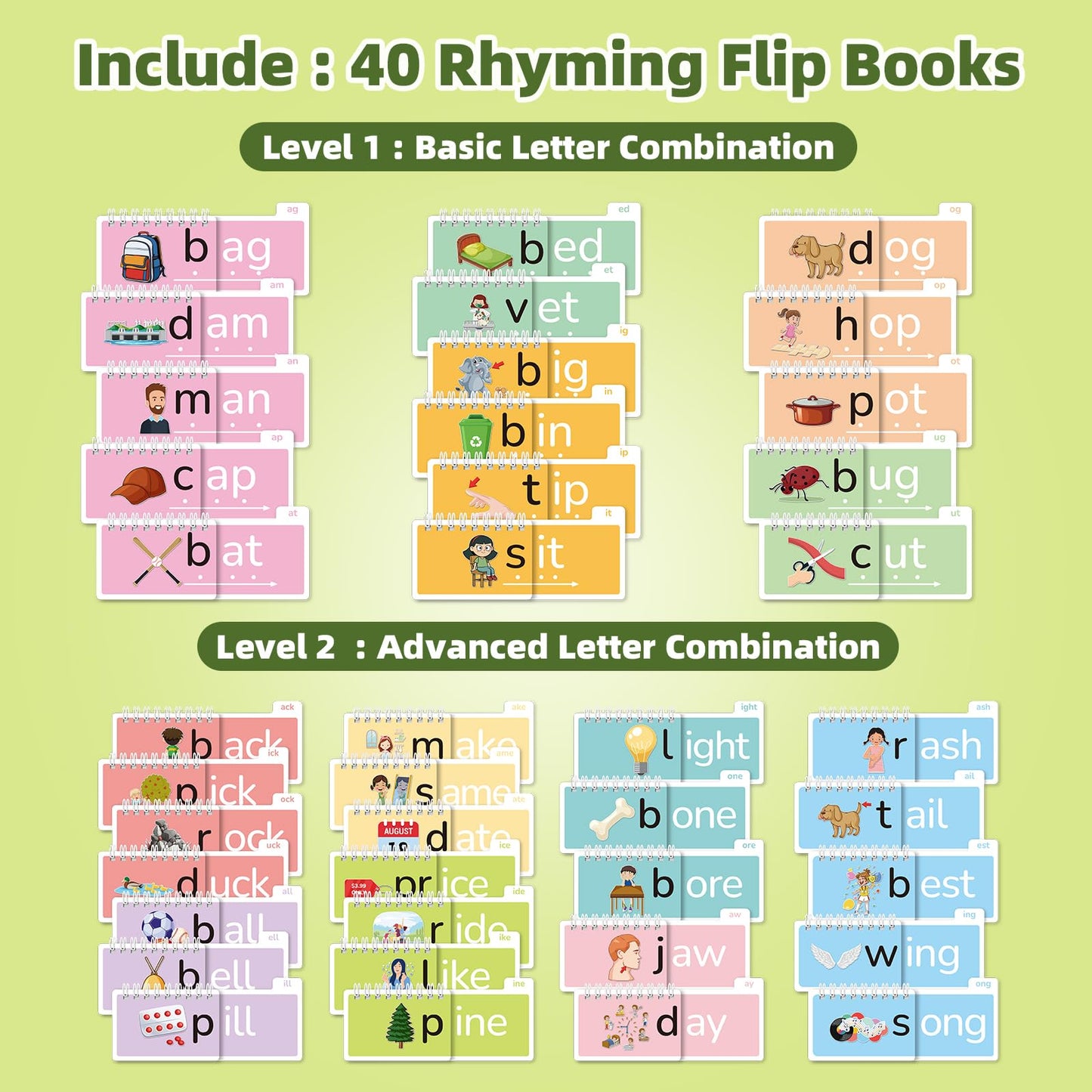 40 Read and Rhyme Flip Books,Montessori Educational Toys Phonics Games Books Gift for Kids Ages 4-8 Years Old, Kindergarten Sight Words Flash Cards, Reading Alphabet Learning for Toddlers