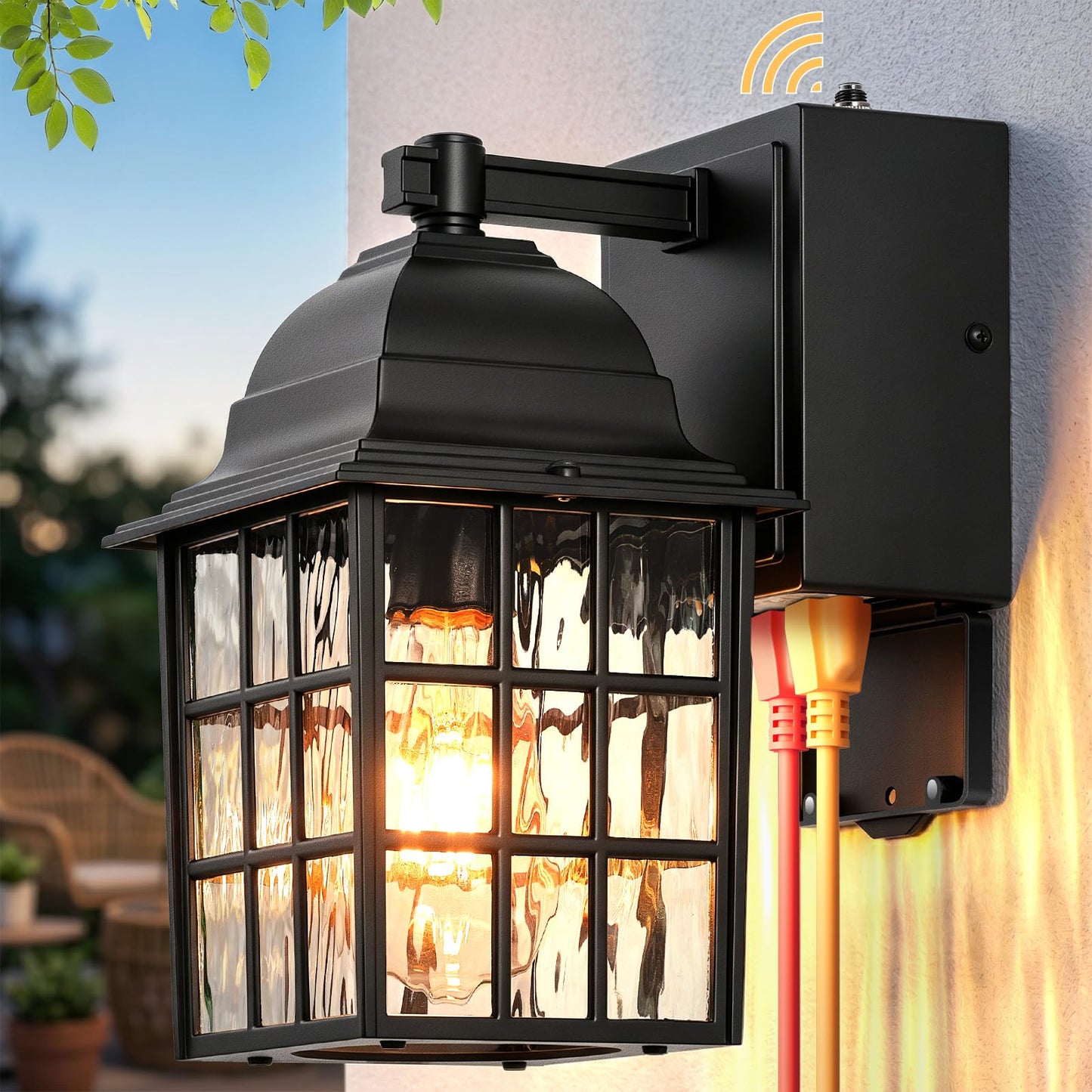 Gleamz Dusk to Dawn Outdoor Porch Light with GFCI Outlet, Modern Black Exterior Lighting Fixtures Wall Mount for House, Anti-Rust Outdoor Wall Sconce Lantern for Garage Coach with Water-Ripple Glass