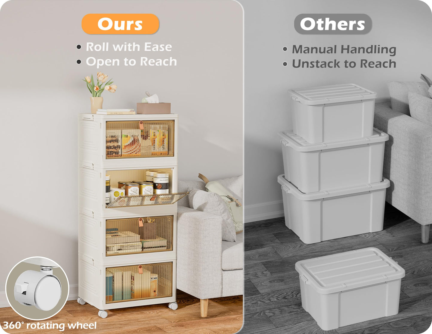 HOMIDEC Storage Bins, 4 Tiers with a Top Lid, Storage Cabinet with Wheels, Stackable Storage Bins, Closet Organizers and Storage for Clothes, for Living Room, Bathroom, Kitchen, White 22L*4 Pack