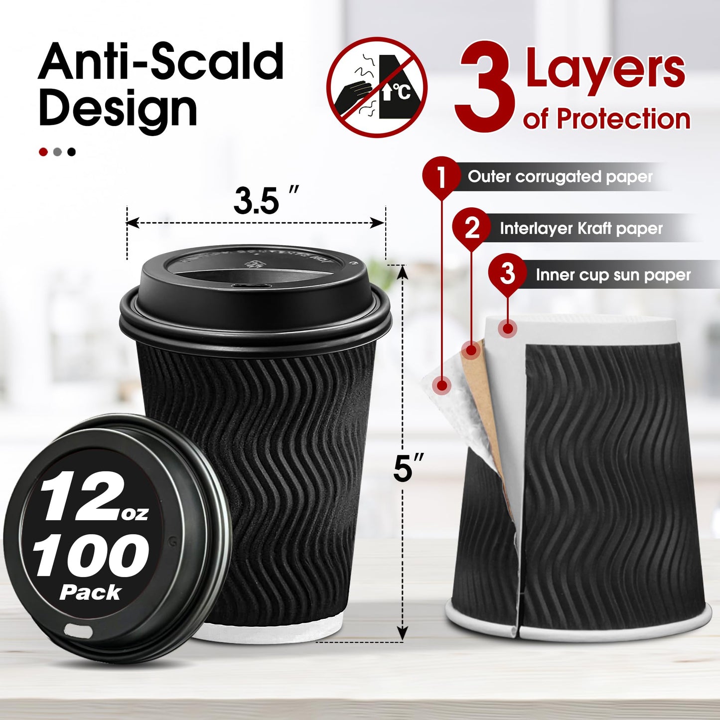 Ginkgo 100 Pack 12 oz Disposable Coffee Cups with Lids, Paper to-Go Coffee Cups Suitable for Hot Chocolate, Cocoa and Hot Tea Drinks - Perfect Coffee Bar Accessories