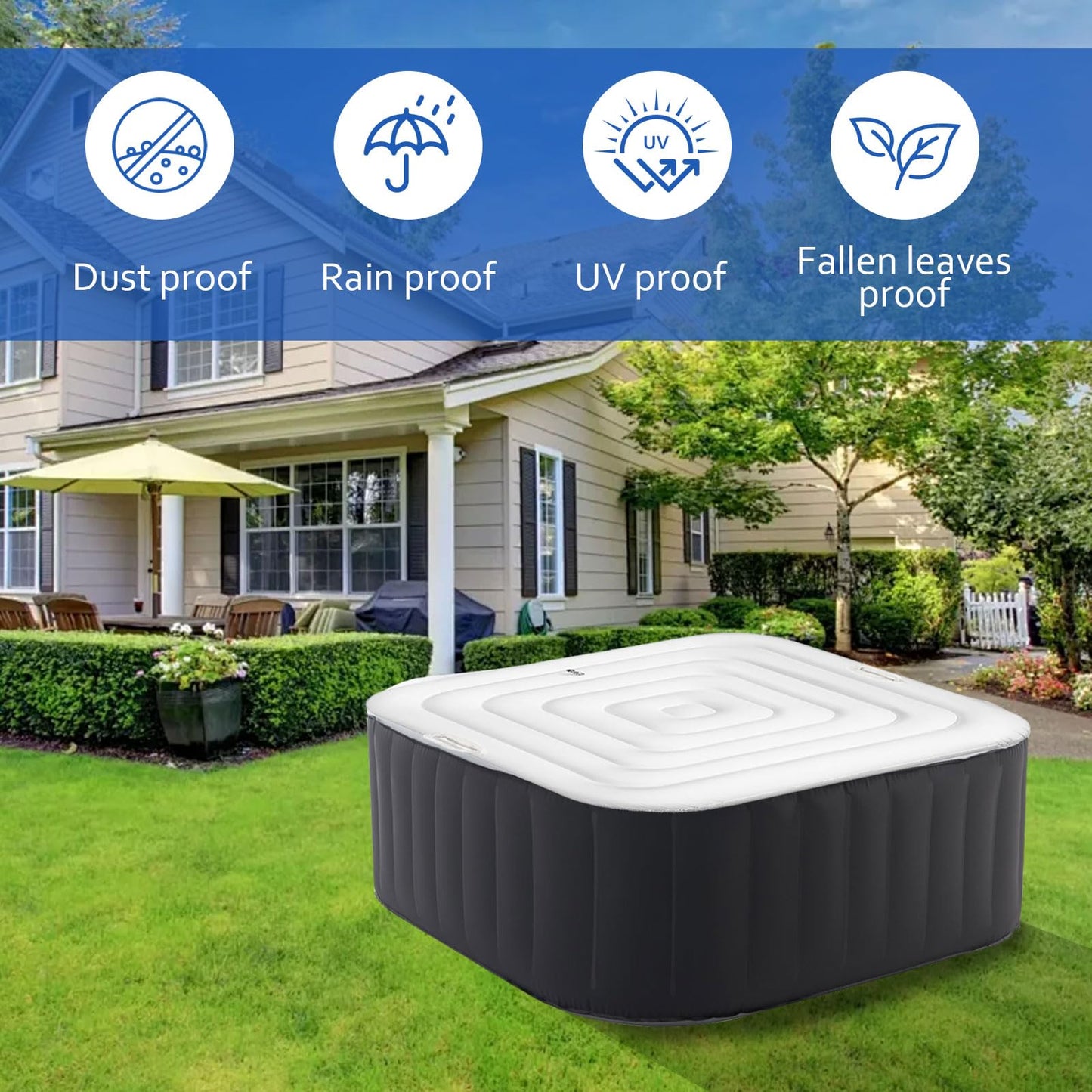 4.6 Ft Inflatable Hot Tub Cover, Square Hot Tub Cover Replacement Foldable Spa Covers Protector for Outdoor Inflatable Hot Tub, Rainproof and Tearproof