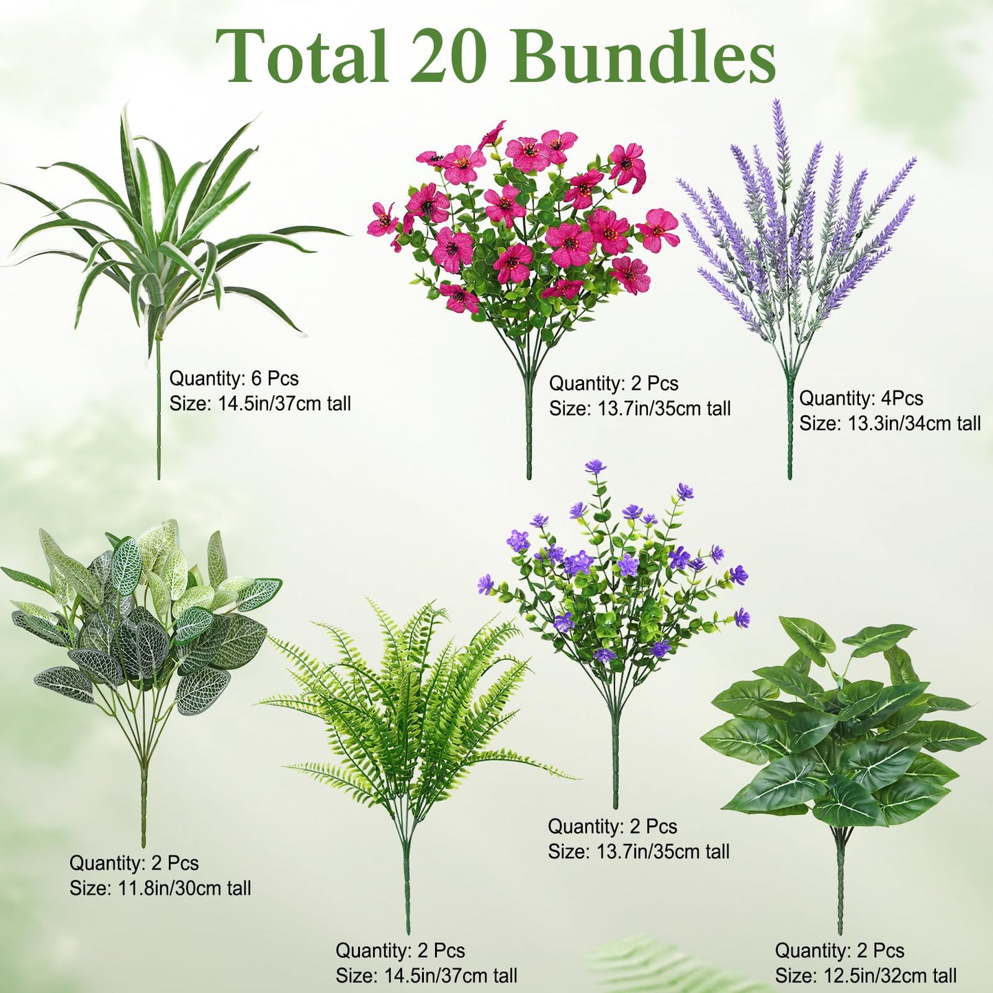 DEMIUKO 20 Bundles Artificial Plants Outdoor Fake Flowers UV Resistant Faux Greenery Stems Fake Ferns Shrubs Plastic Plants for Garden Patio Porch Yard Window Box Home Summer Decor