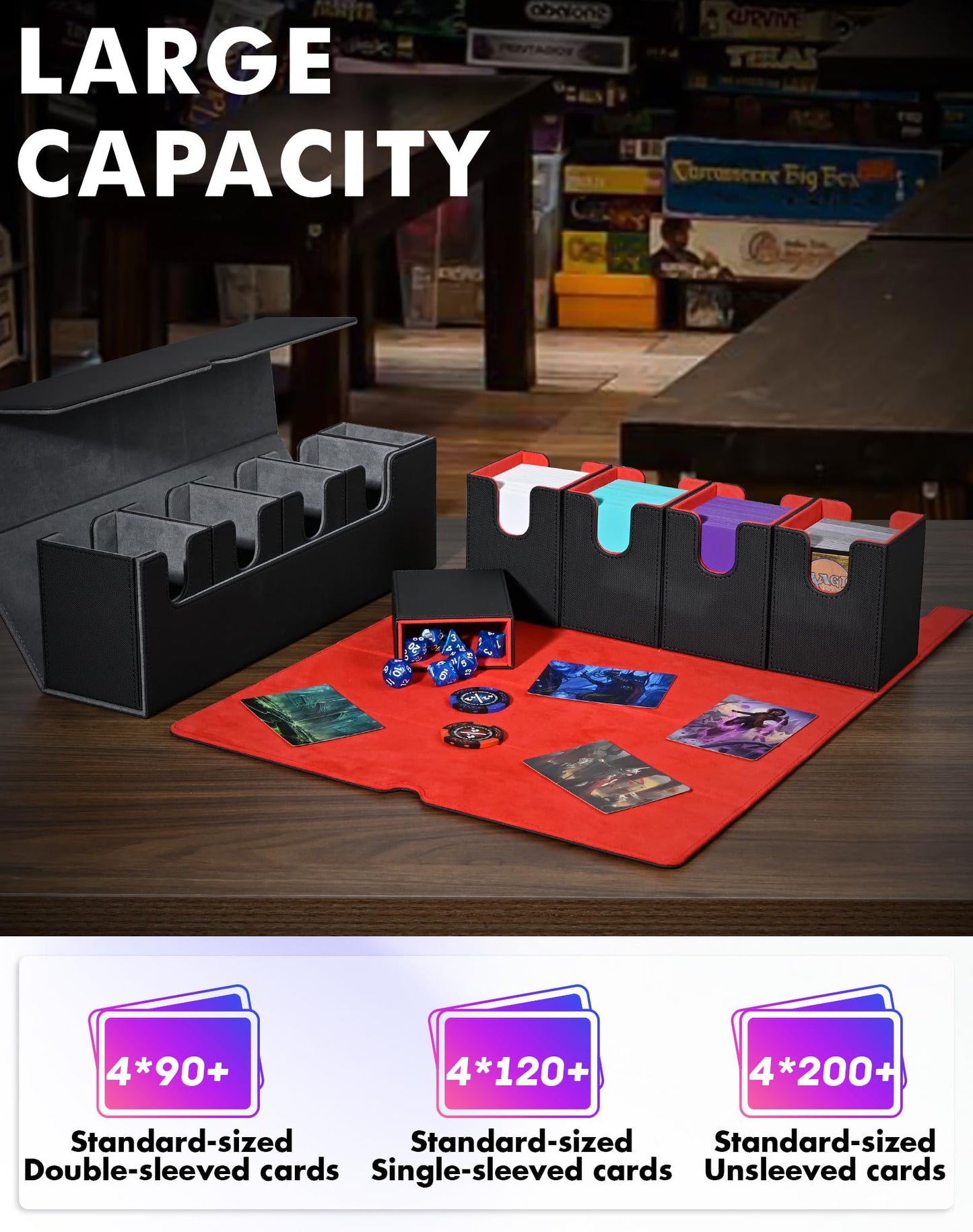 Card Deck Box with Dice Tray for MTG, 5 in 1 Deck Case Holds 800+ Unsleeved Cards, Strong Magnet Card Organizer Compatible with Yugioh TCG Sports Cards (Black&Red)