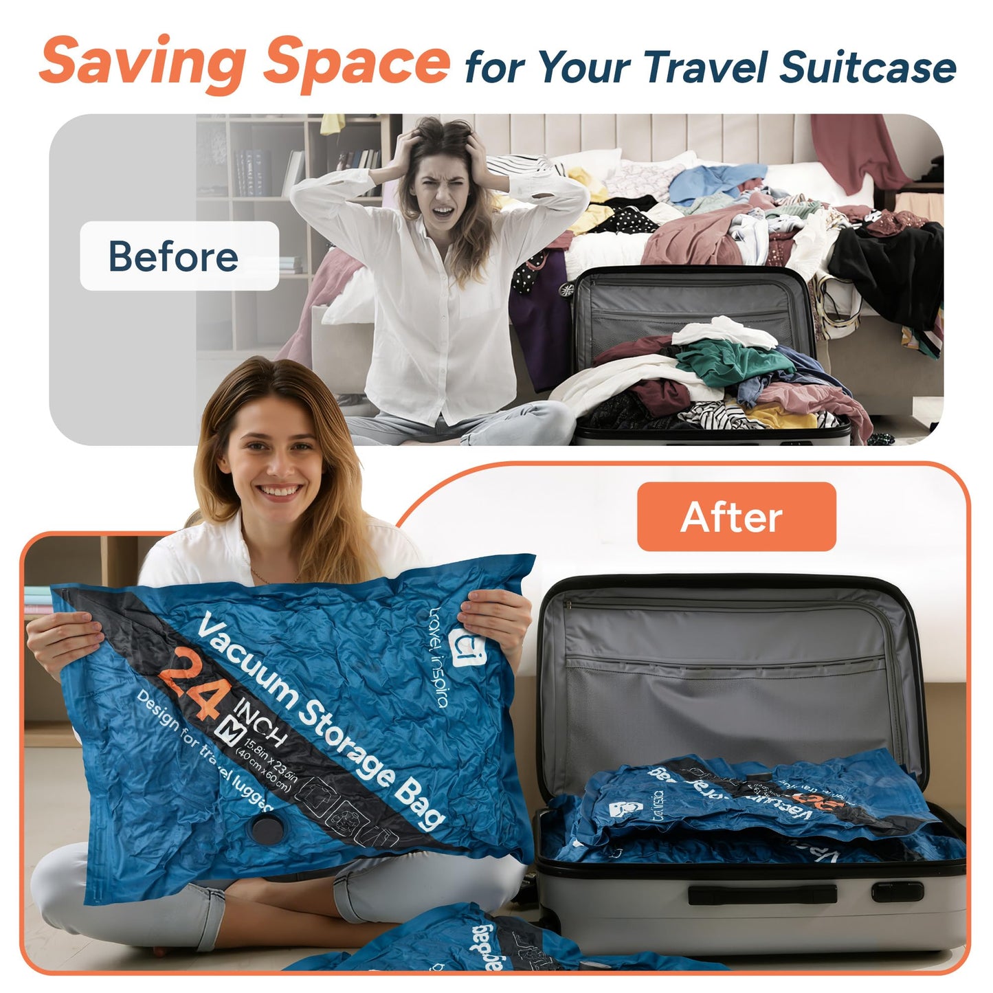 travel inspira 15 Pack Vacuum Bags for Travel with Electric Pump, Airtight Oxford Fabric Space Saver Bags for Clothes, Leak-Proof Compression Bags for Family Suitcase & Luggage, 5S 5M 5L