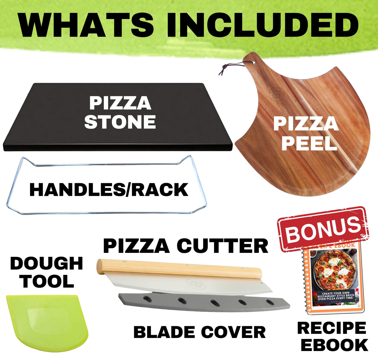 Non-Stick Easy Clean Pizza Stone - 15 inch Pizza Stones for Oven and BBQ - 5PCS Pizza Making Accessories, Ceramic Grill Stone with Handles, Wooden Pizza Peel, Pizza Cutter, Dough Tool - Pierre a Pizza