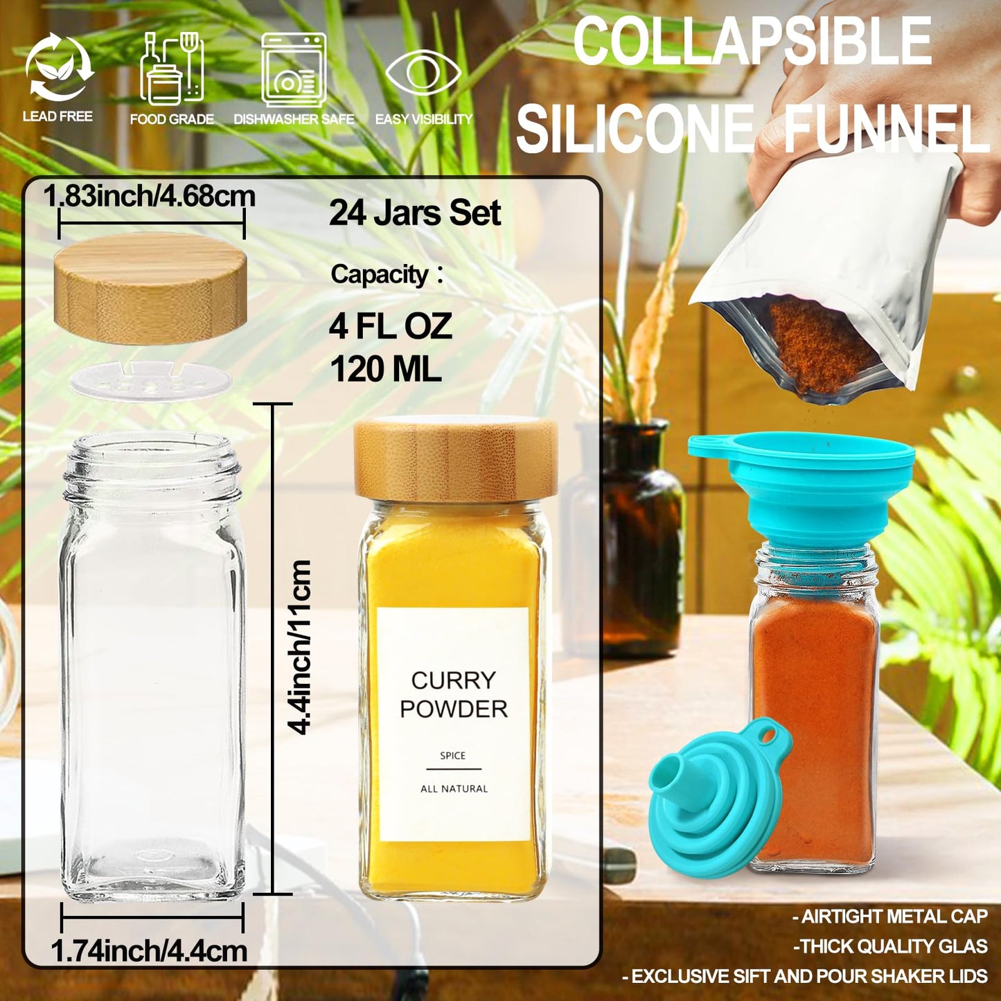 AISIPRIN 24 Pcs Glass Spice Jars with Bamboo Airtight Lids and 398 Labels, 4oz Empty Square Containers Seasoning Storage Bottles - Shaker Lids, Funnel, Brush and Marker Included