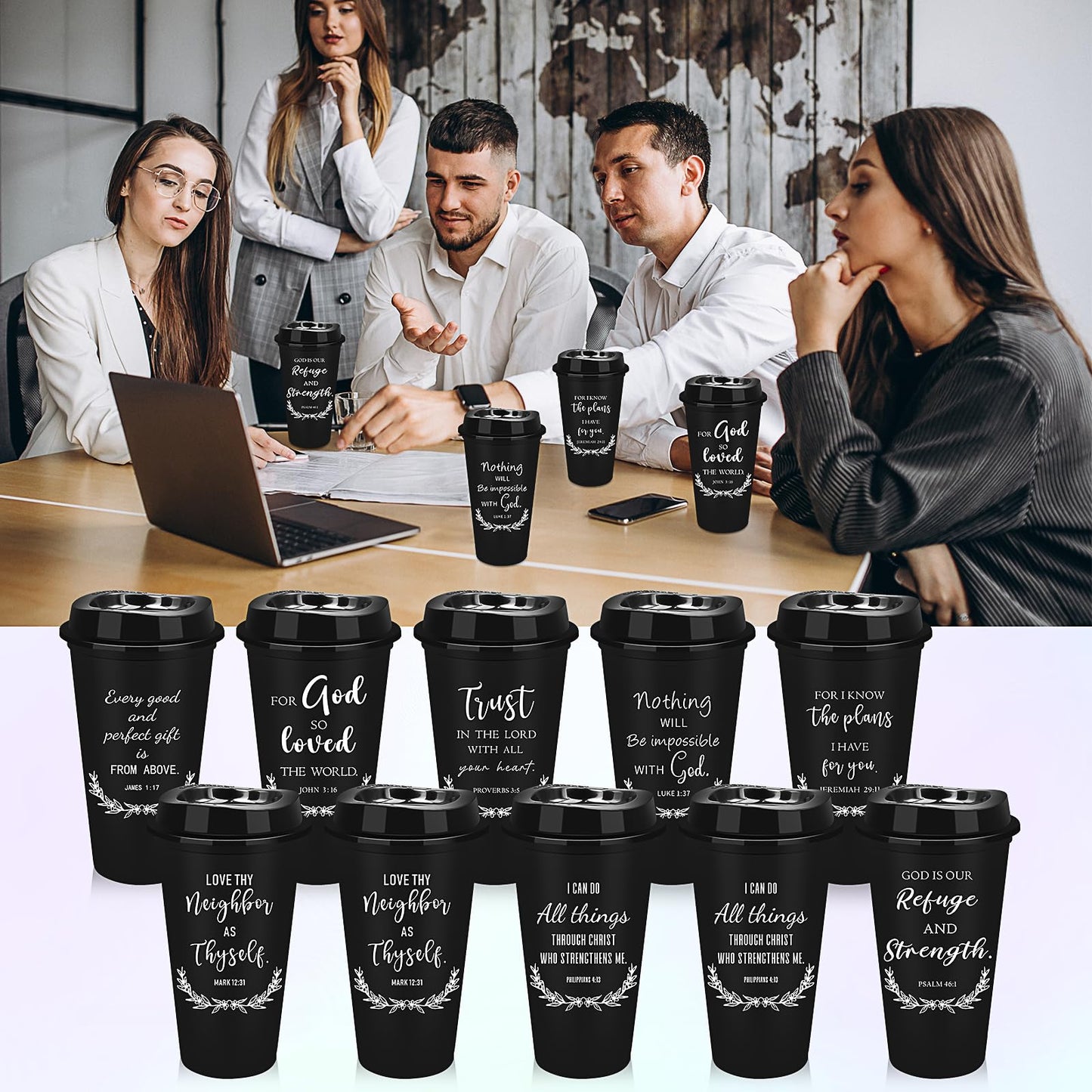 20 Pcs Reusable Christian Coffee Cups, 16 oz Bible Verse Plastic Tumblers with Lids, Religious Plastic Cups Bulk, Travel Coffee Mug Inspirational Christian Gifts for Men Women (Black)