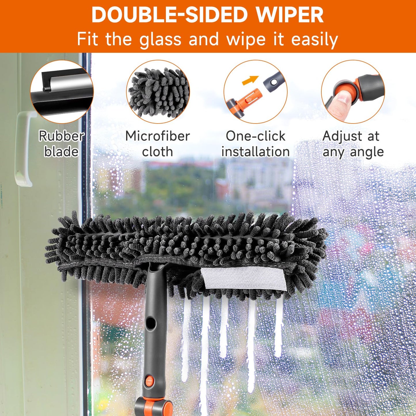 Chabatree Window Squeegee Cleaner Set 2-in-1 with Extendable Pole, Window Cleaning kit with Bendable Head for Glass for Car Indoor Outdoor High Windows（Kit1.0）
