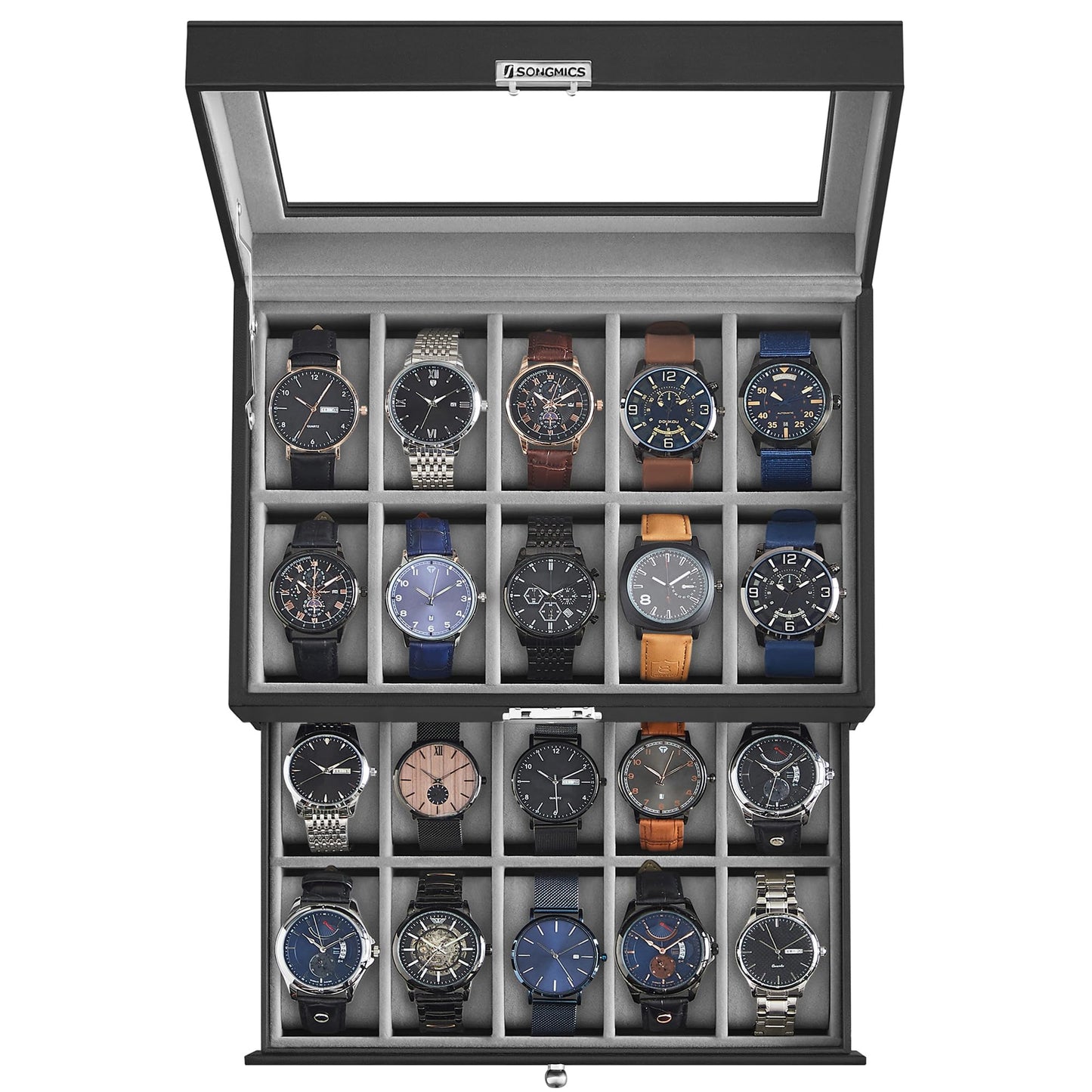 SONGMICS Watch Box, 20-Slot Watch Case Organizer with Large Glass Lid, Black Synthetic Leather, Gray Lining UJWB006V1
