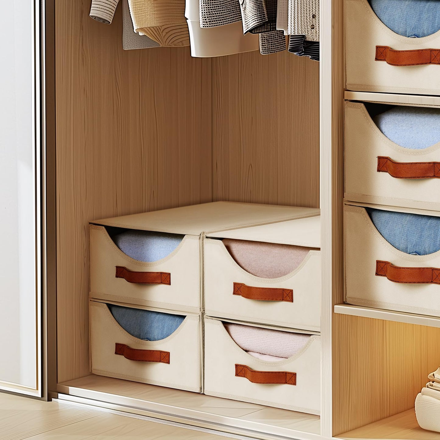 DIMJ Stackable Closet Drawers Organizers - 4 Pack Fabric Basket Foldable Clothing Storage Bins with Reinforced Handles for Wardrobe, Bedroom, Dresser,Shelves (Beige)