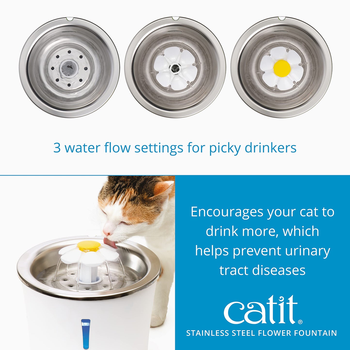 Catit Stainless Steel Top Flower, Cat Water Fountain, 3L White, Modern Cat Fountain, Triple Filtration, Fontaine Pour Chat, Pet Water Fountains, Perfect for Indoor Cats