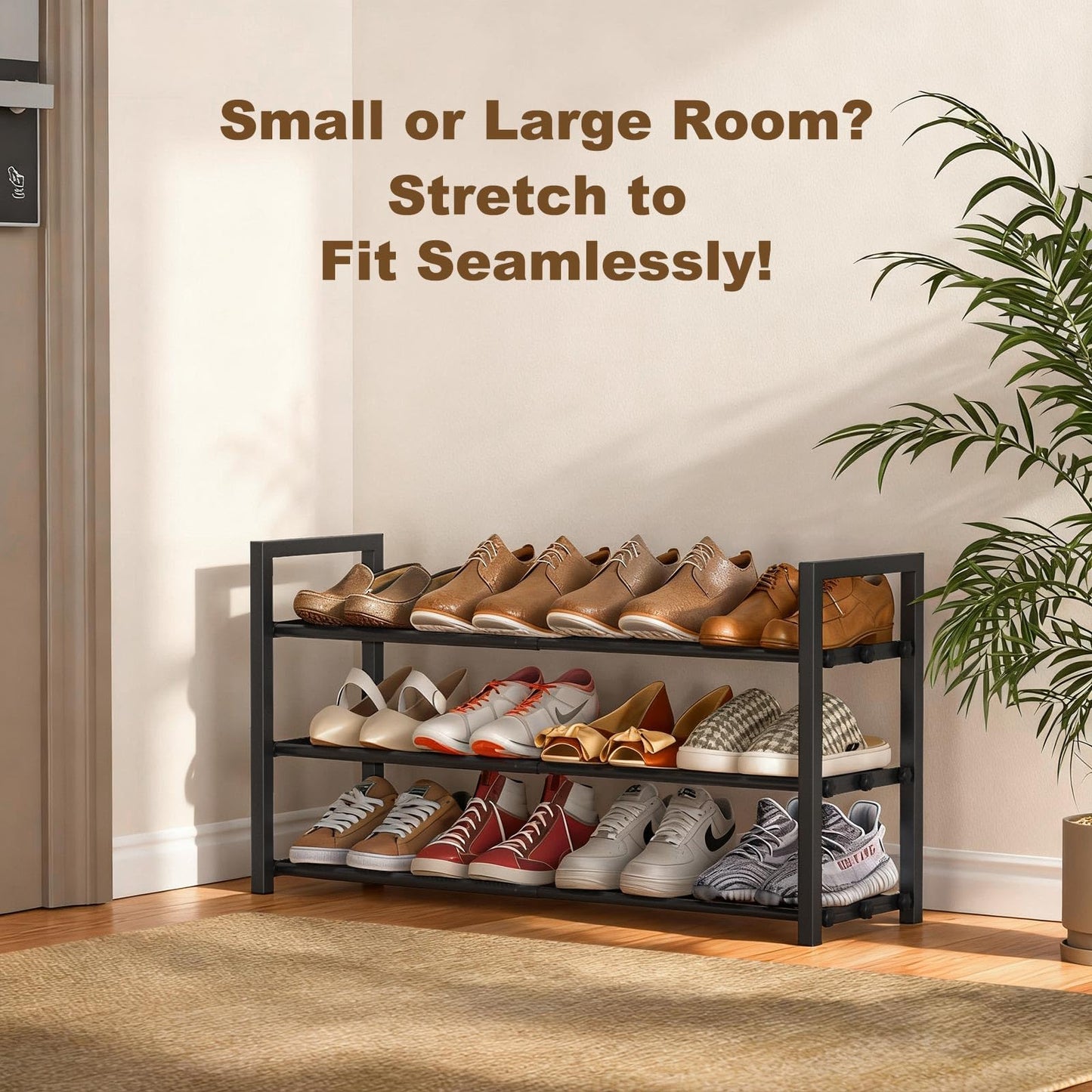 Roylvan 3-Tire Expandable Shoe Rack, 17"-31" Adjustable Stackable Free Standing Shoe Shelf Storage Fits 6-12 Pairs Shoes, Heavy Duty Reinforced Metal Shoes Organizer for Closet Entryway Doorway Dorm