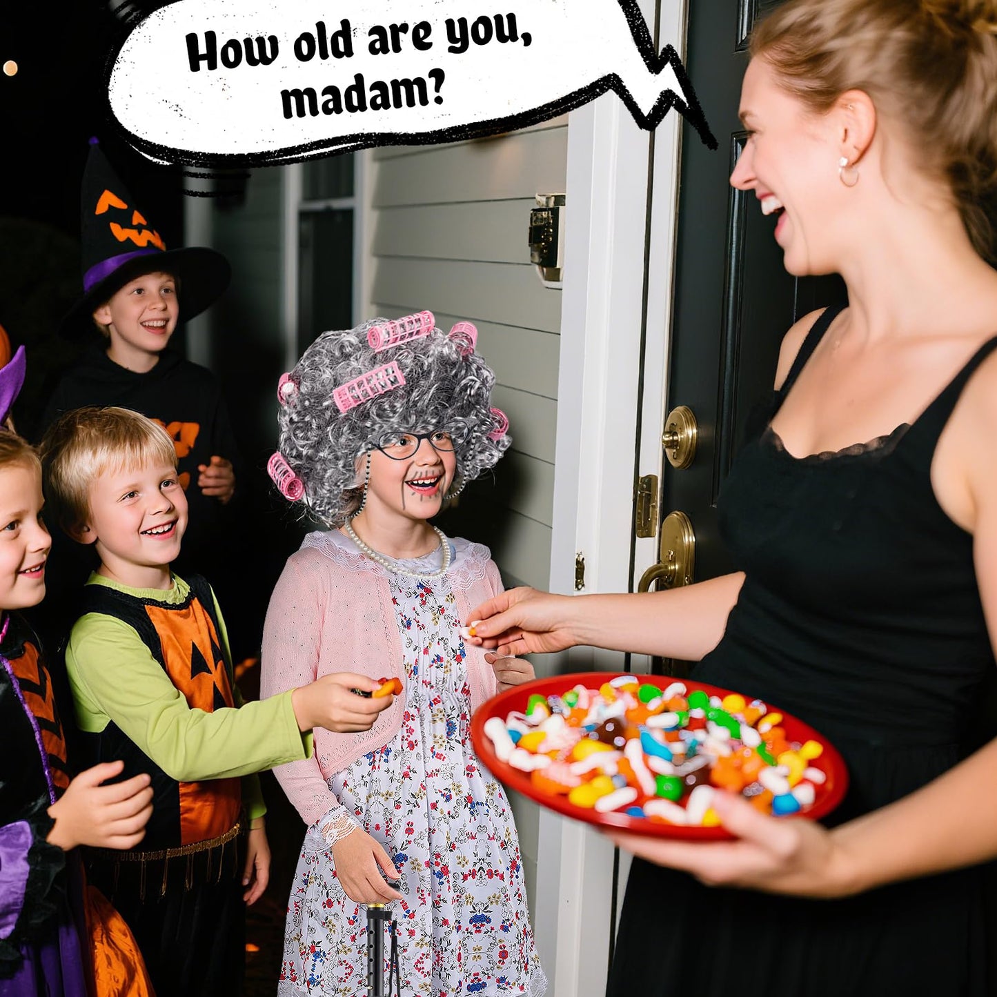 Cosweet Old Lady Costume for Girls, Grandma 100th Day of School Accessories for Kids 3-10 Years Cosplay Wig Dress up