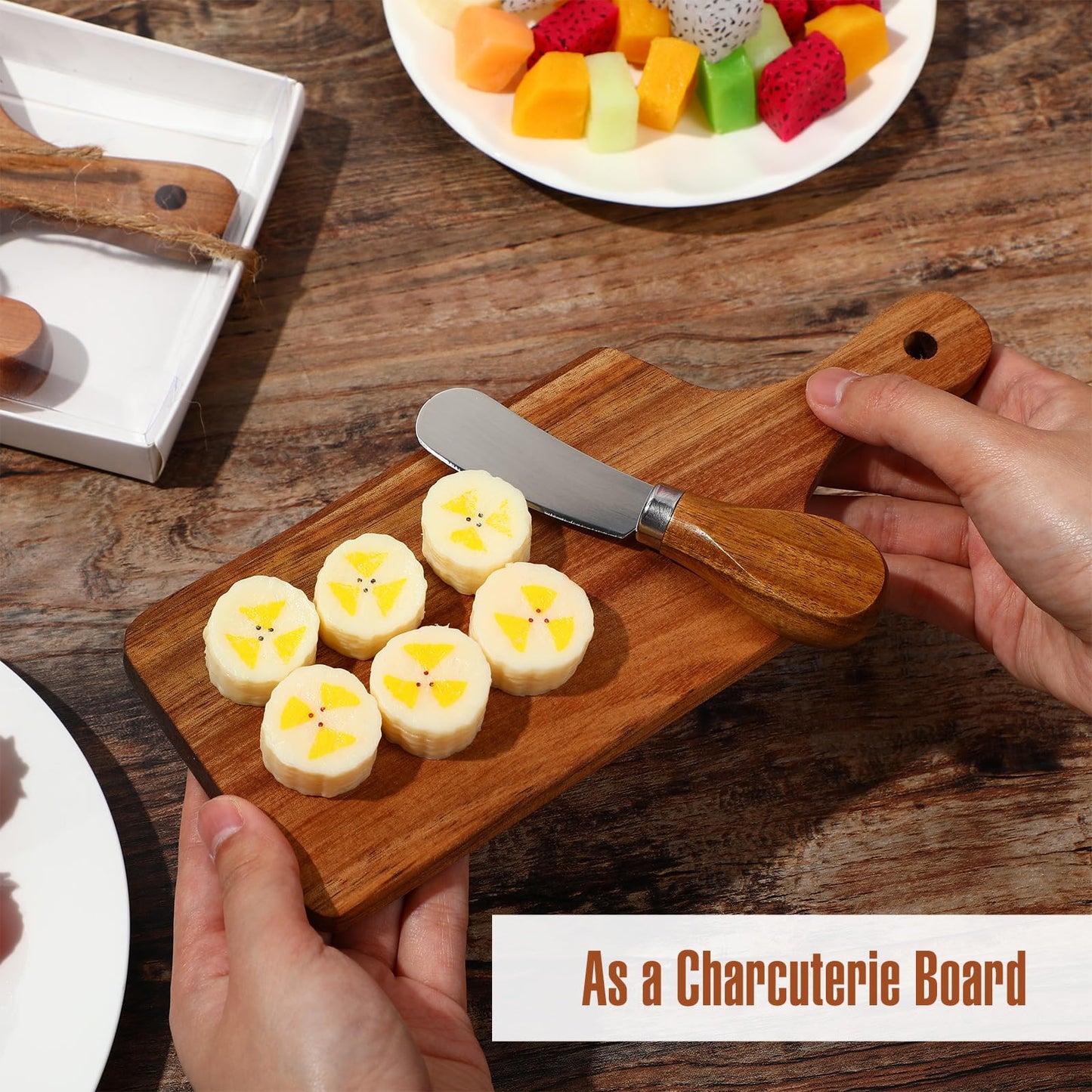 12 Sets Bridal Baby Shower Cheese Prizes Mini Charcuterie Board Set with Knives Wooden Board and Thank You Box Game Gifts for Wedding Party Guests Winners(Acacia Wood)