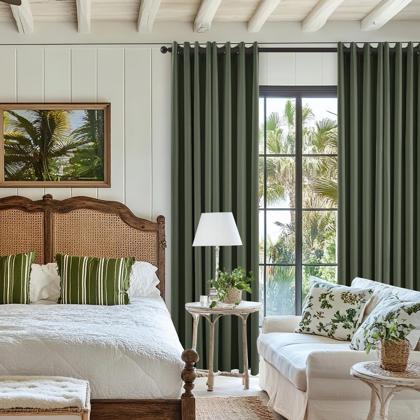 Olive Green Blackout Curtains Linen Textured for Bedroom Black Out Linen Curtains 84 Inches Long Full Light Blocking Thermal Insulated Drapes Panels Energy Saving with White Liner 52x84 Inch 2 Panels