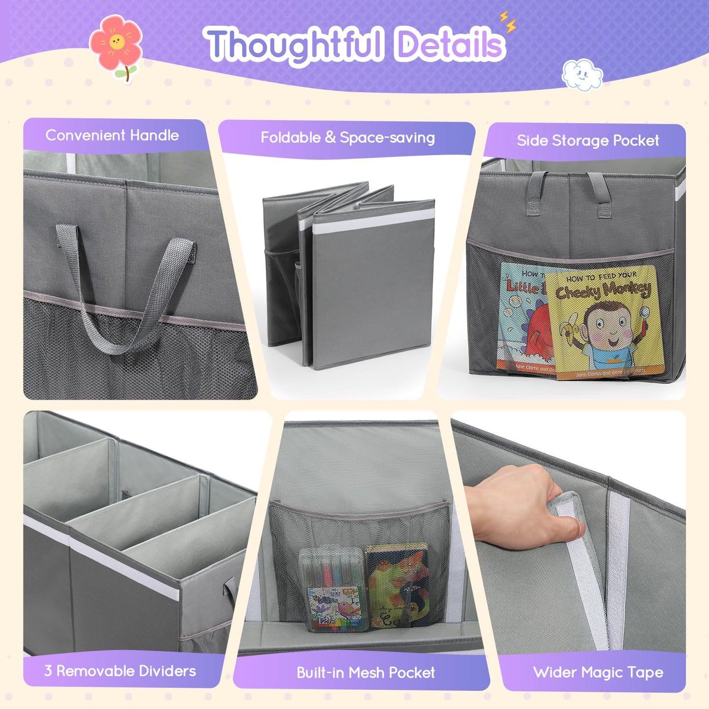 Lewondr Extra Large Toy Chest Storage Bin with Lids, Collapsible Sturdy Toy Chest Storage Box for Boys, Girls, 3 Removable Dividers for Living Room, Playroom, Nursery, Bedroom, 40"*16"*16", Grey