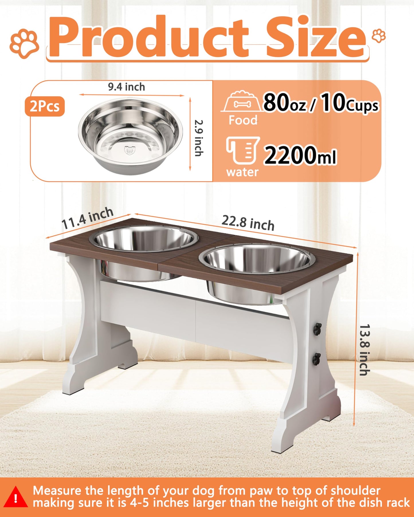 Piskyet Elevated Dog Bowls,Farmhouse Dog Bowls Stand, Raised Dog Bowl with 2 Stainless Steel Wooden (Farmhouse Style, 13.8" H_9 Cups Bowl)