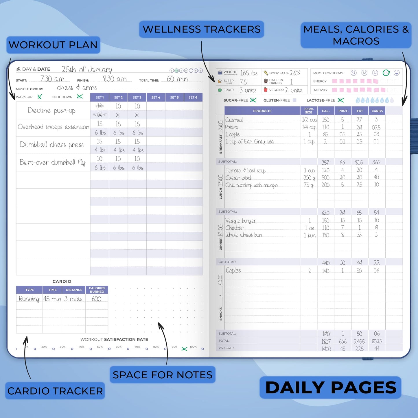 Clever Fox Fitness & Food Journal – Nutrition & Workout Planner for Women & Men – Diet & Gym Exercise Log Book with Calendars, Diet & Training Trackers - Undated, A5 Size, Hardcover (Mystic Blue)