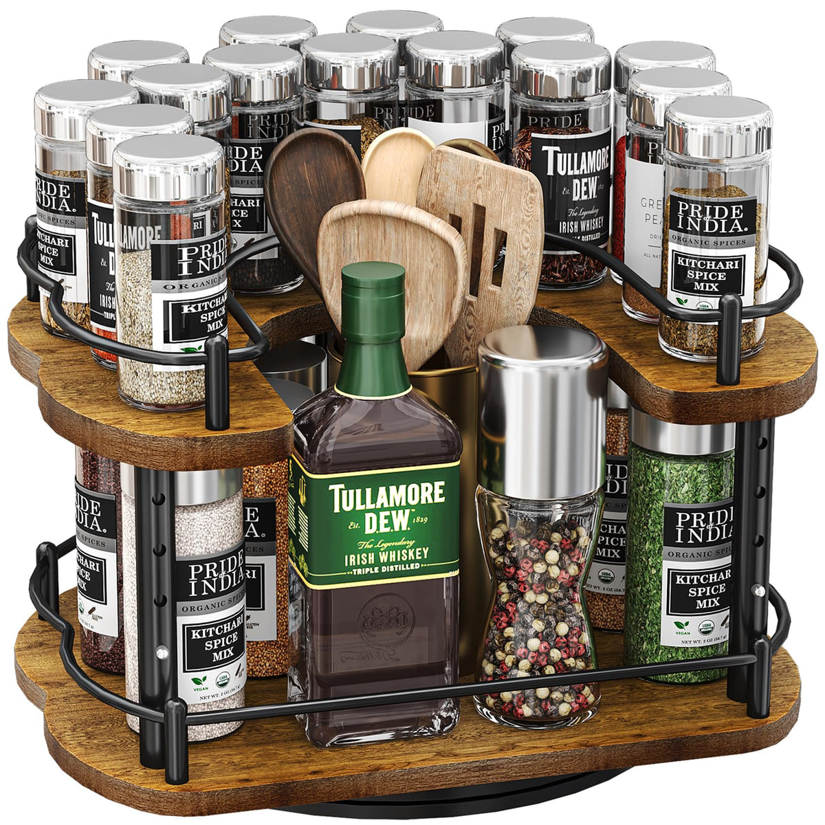 Lazy Susan Organizer Spice Rack - Spice Organization for Cabinet Height Adjustable Rotating Lazy Turntable, Pantry Kitchen Wood Revolving Seasoning Organizer (12 Inch)
