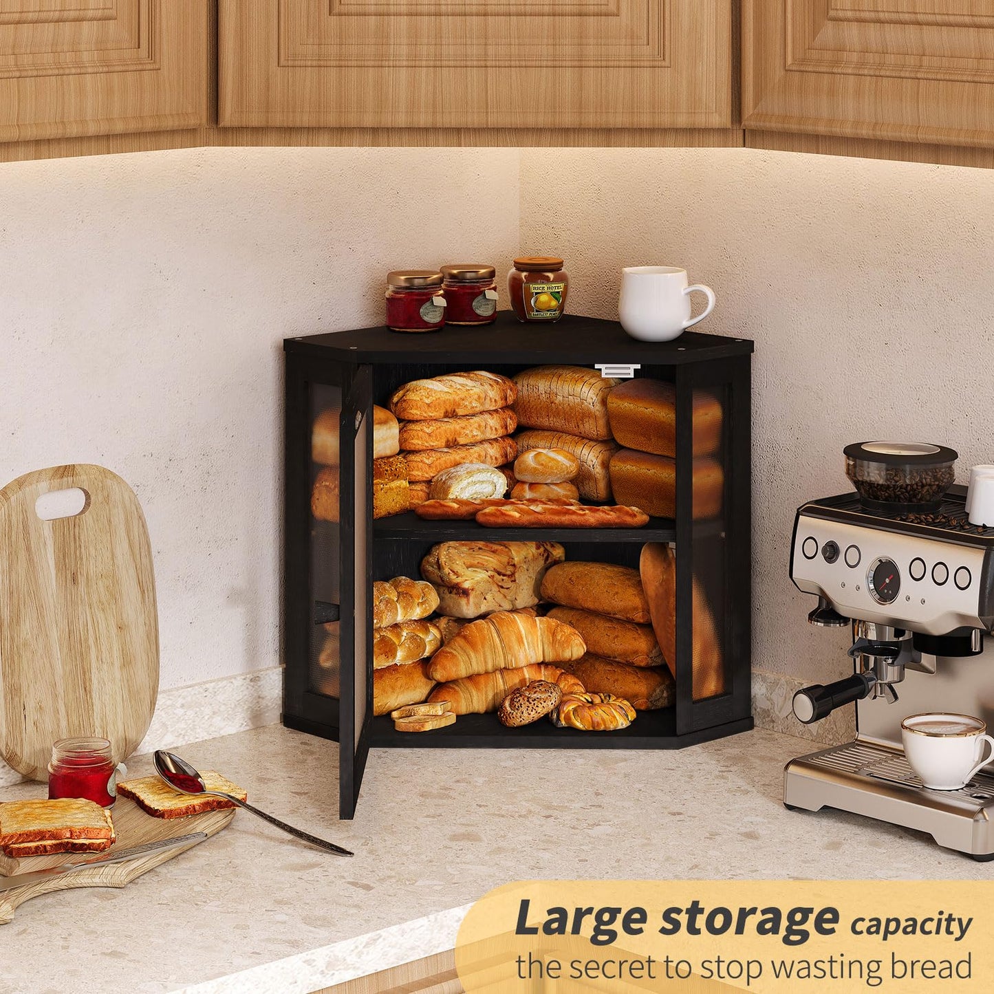 Furshus Corner Bread Box for Kitchen Countertop,Bread Storage for Homemade Bread, Double Layer Large Bamboo Kitchen Storage Bin with Window (Black, Medium)