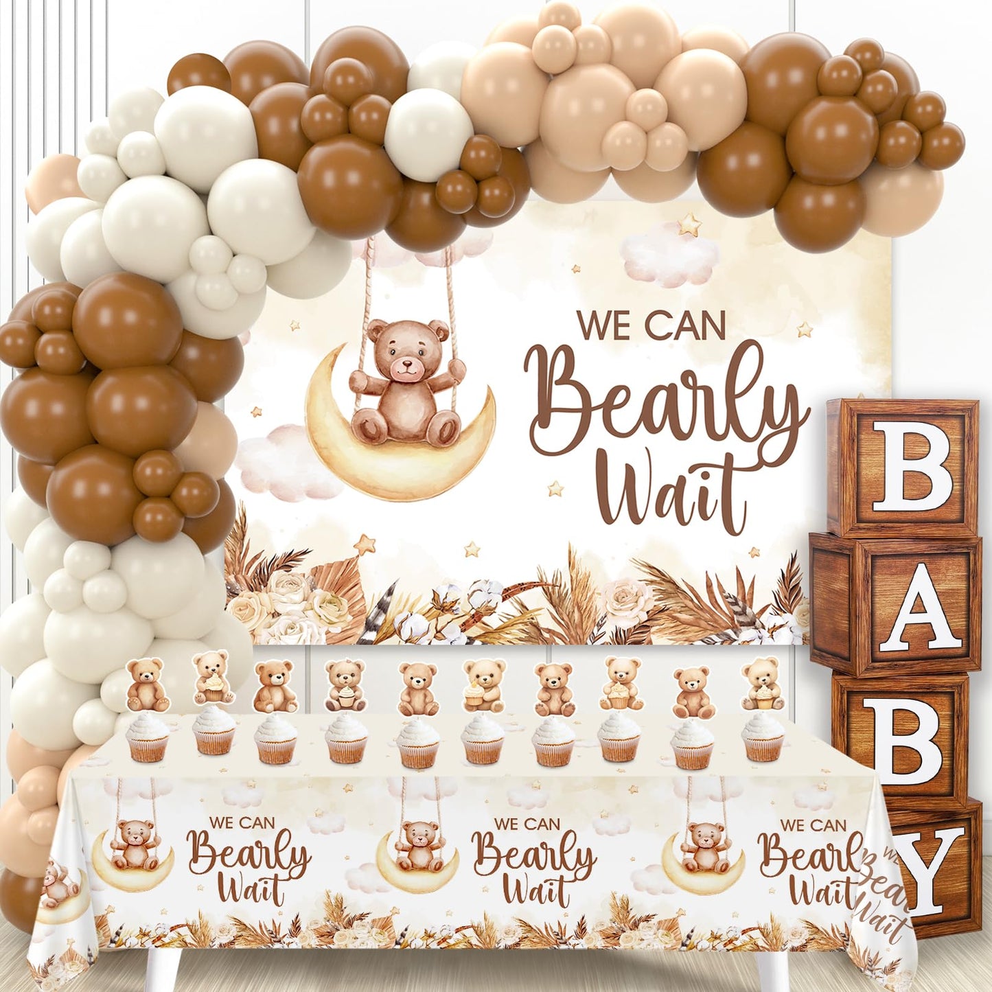 DataMoon Boho Baby Shower Decorations for Neutral Gender Baby,Baby Boxes with Letters,Boho Balloons,We Can Bearly Wait Backdrop,Cake Topper,Tablecloth for Baby Shower,Gender Reveal Party Supplies