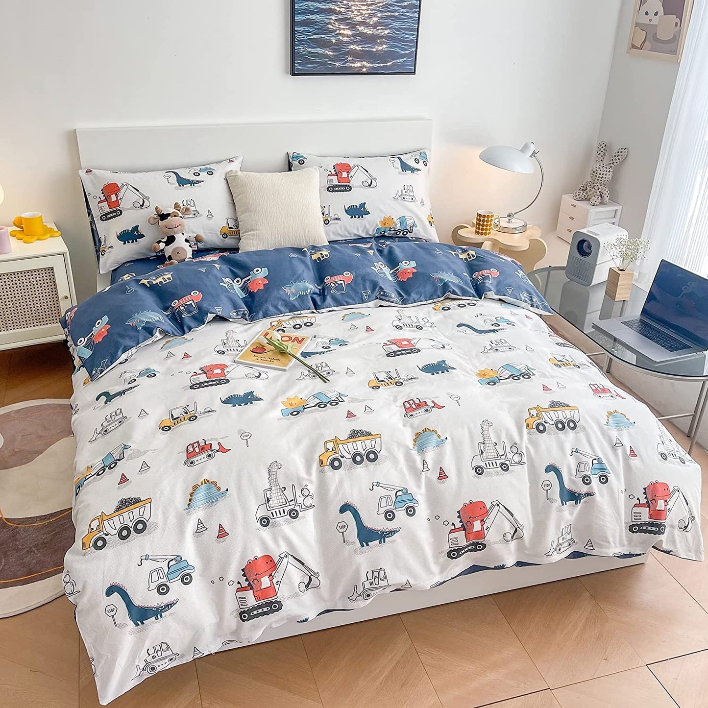 DJY Dinosaur Kids Duvet Cover Set Full Size, 100Percent Cotton Dino Truck Car Bedding Set for Boys Girls, 3 Pieces Reversible Dinosaur Comforter Cover Set (1 Duvet Cover+2 Pillowcases)