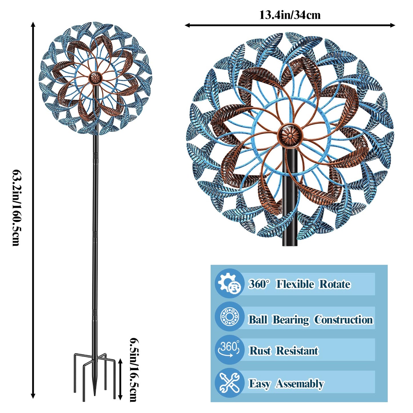 360° Wind Spinners Outdoor, Wind Sculptures Windmill with Metal Stake, Kinetic Large Metal Yard Art Decor Spinners Pinwheels for Garden Outside Patio Lawn, 63.2 * 13.2" (Blue+Brown)