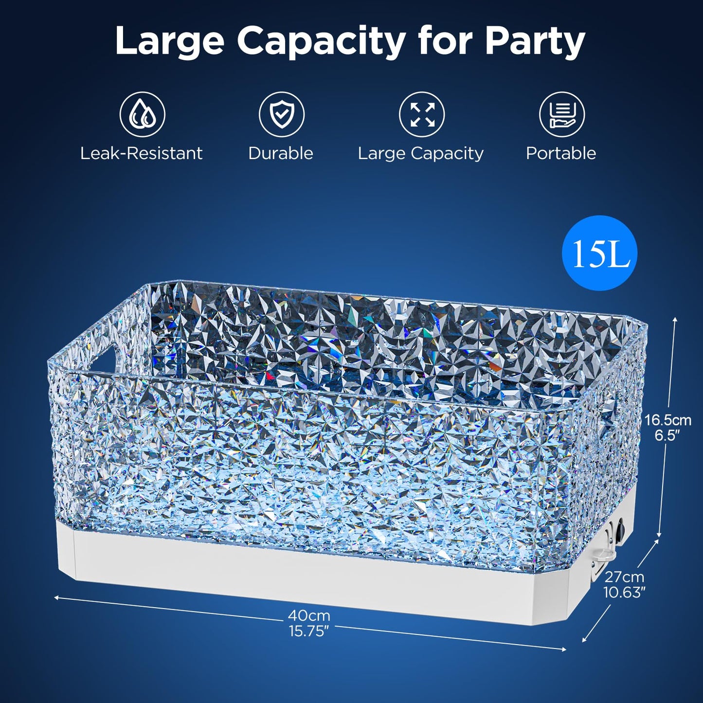 Plastic Ice Bucket for Parties, 15L Extra Large Clear Beverage Tub for Champagne Beer Drink Wine Cocktails, LED Light Up, Leakproof