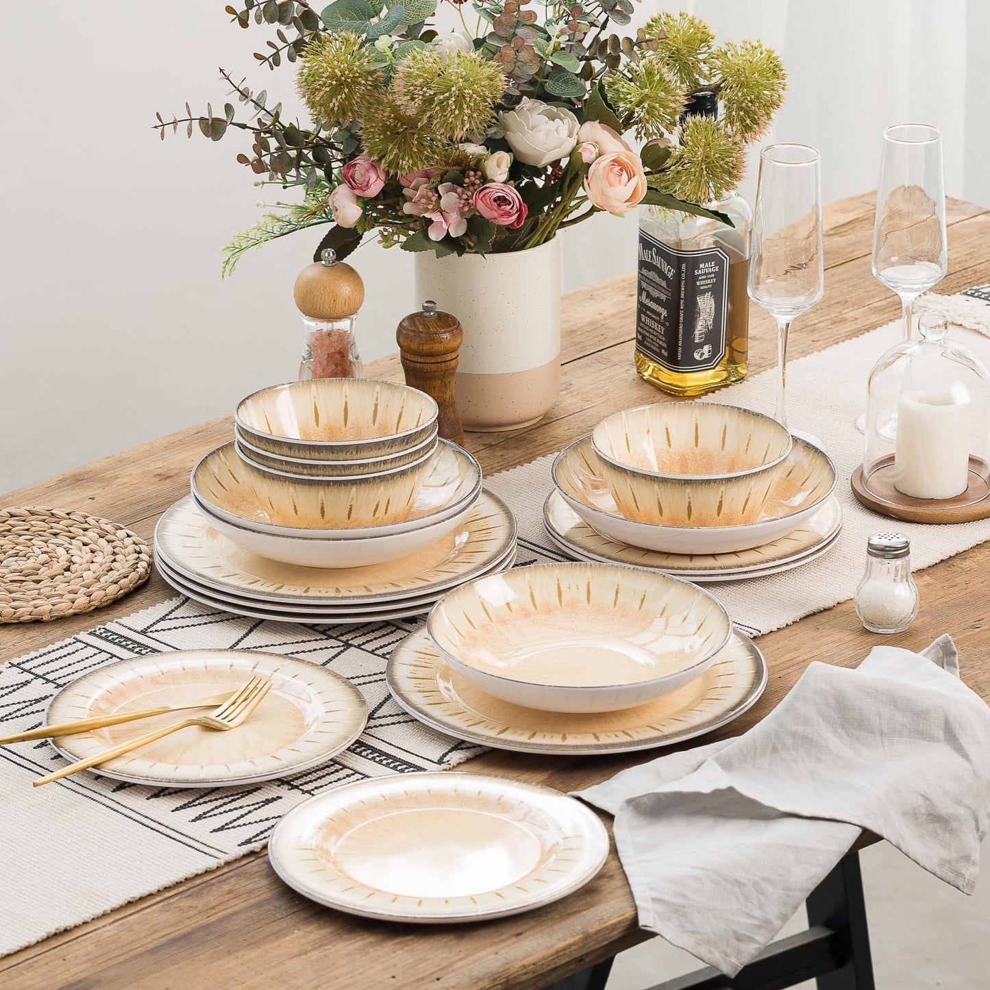 MissYip Melamine Dinnerware Set, 16 Piece for 4, Unbreakable Kitchen Plastic Plates and Bowls set, Indoor and Outdoor Use Tableware, BPA Free, Dishwasher Top Safe, Not Microwave, Not Oven(Cream)