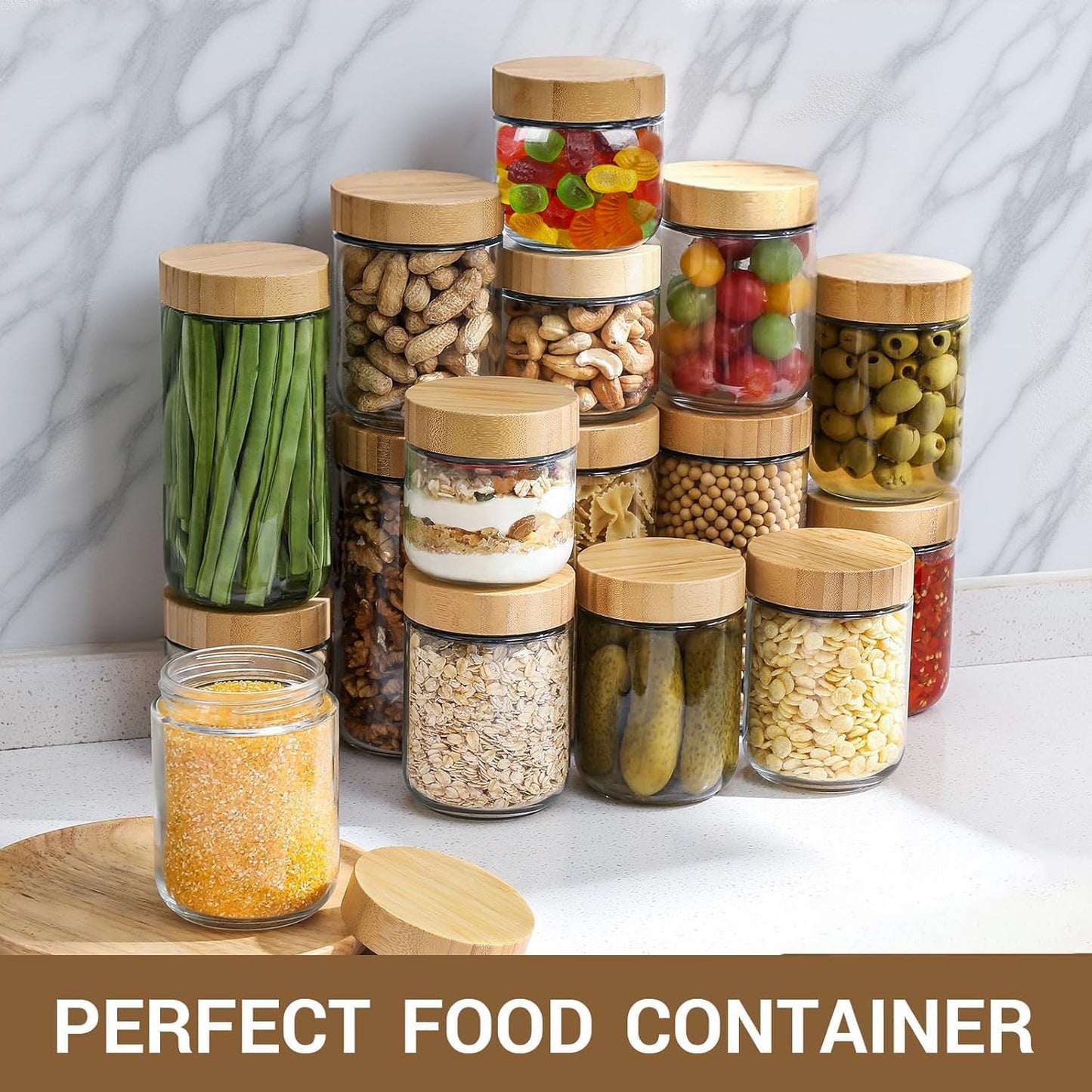 Oillase 4-pack 24oz Glass jars with Airtight Lids, Overnight Oats Containers with Bamboo Lids, Wide mouth Mason Salad jars, Glass Food Storage Containers for Snacks Yogurt Spice Sugar