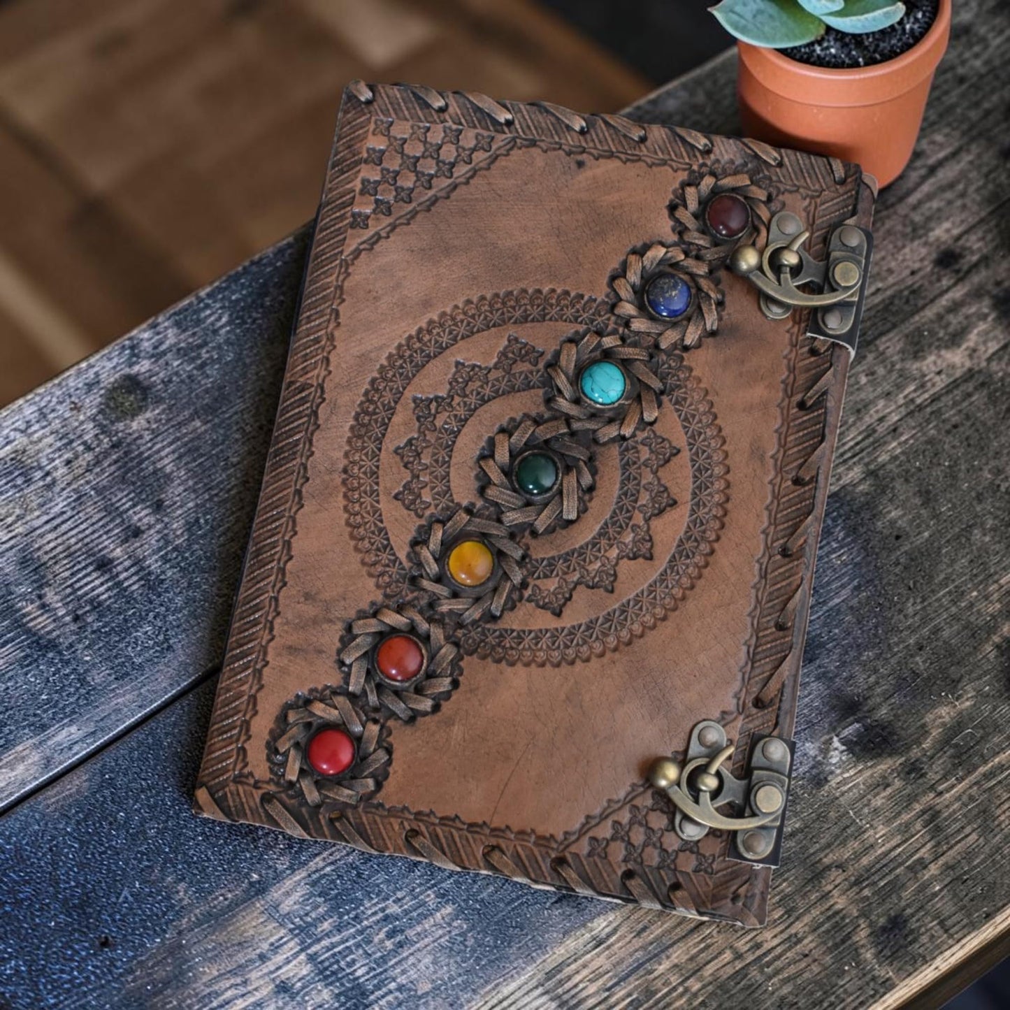 KMAAC leather bound journal book of shadows vintage leather journal deckle edge paper antique spell book wiccan seven stone chakra journal unlined lock daily notebook sketchbook 10x7
