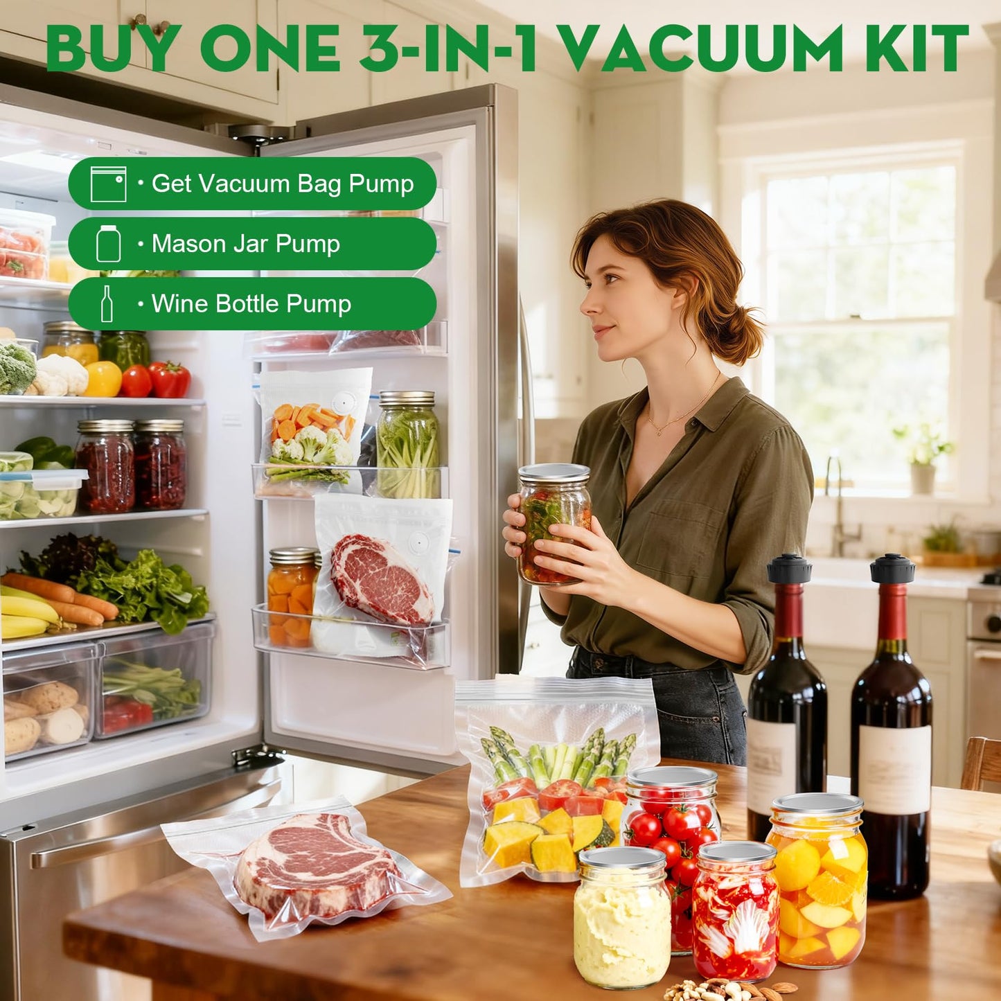 Innoworld 3-in-1 Vacuum Sealer for Food Compatible with Vacuum Bag, Mason Jar, Wine Bottle, Handheld Saver Compact Vacuum Sealer Machine with 14 Reusable Bags, 14 Mason Jar Lids, Wine Stopper