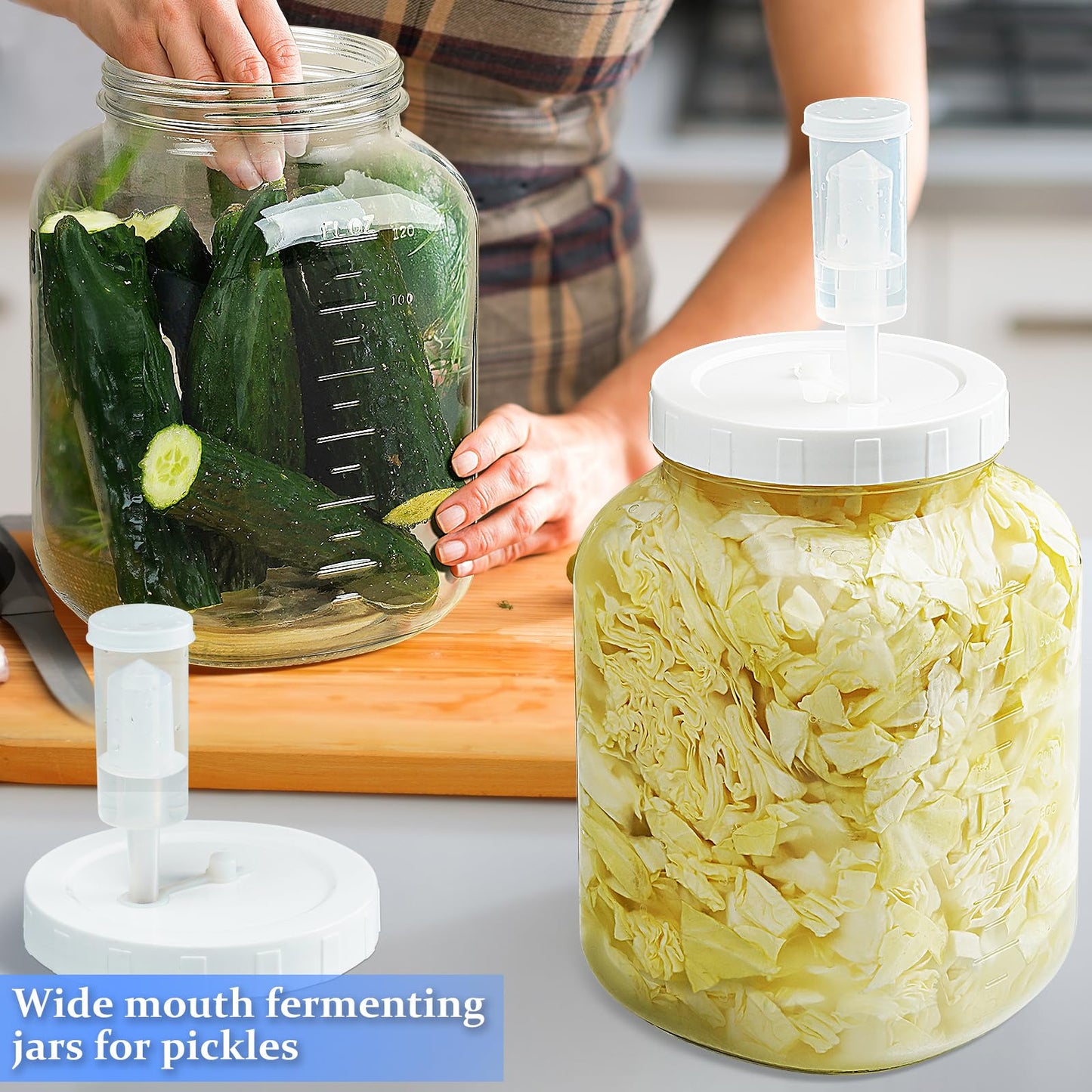 2 Pack Wide Mouth Fermentation Jars w 2 SCREW Lids and 3 Airlocks - 100% Airtight, 1 Gallon Glass Jars with Lids, Mead Making Kits w Scale Marks for Kombucha