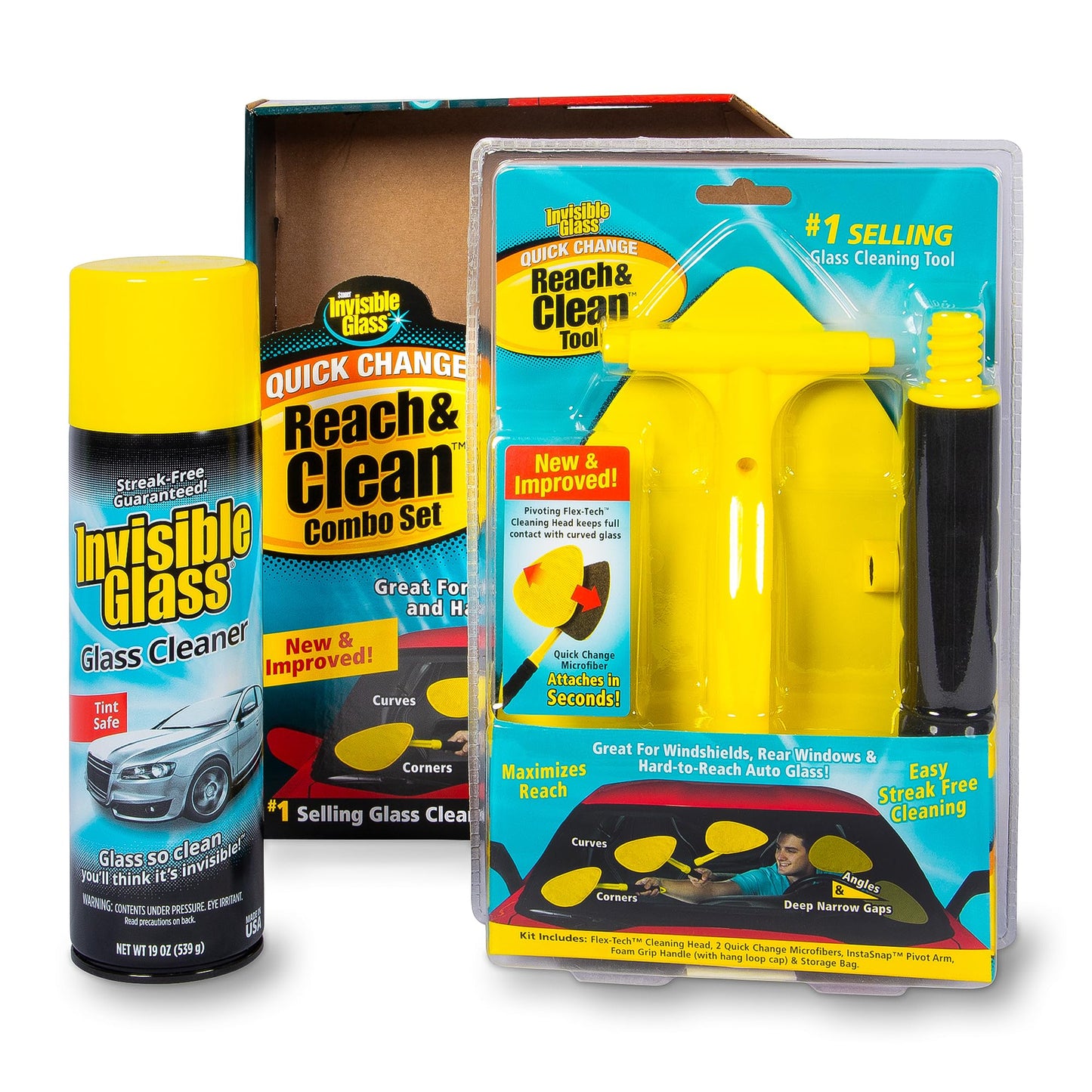 Invisible Glass 99031 Reach and Clean Tool Combo Kit with Windshield Wand Cleaning Tool for Those Hard-to-Reach Places and Invisible Glass Premium Glass and Window Cleaner for Auto and Home, Yellow
