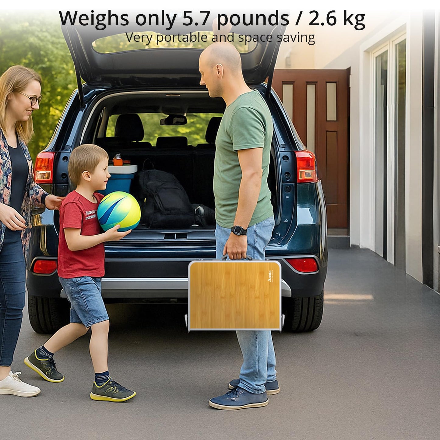 Anbte 2ft Folding Camping Table, 3 Adjustable Heights High 27.5" Aluminum Small Folding Table with Carrying Handle, Portable, for Outdoor Indoor Picnic Beach BBQ Travel, 24" x 16", Light Oak Grain