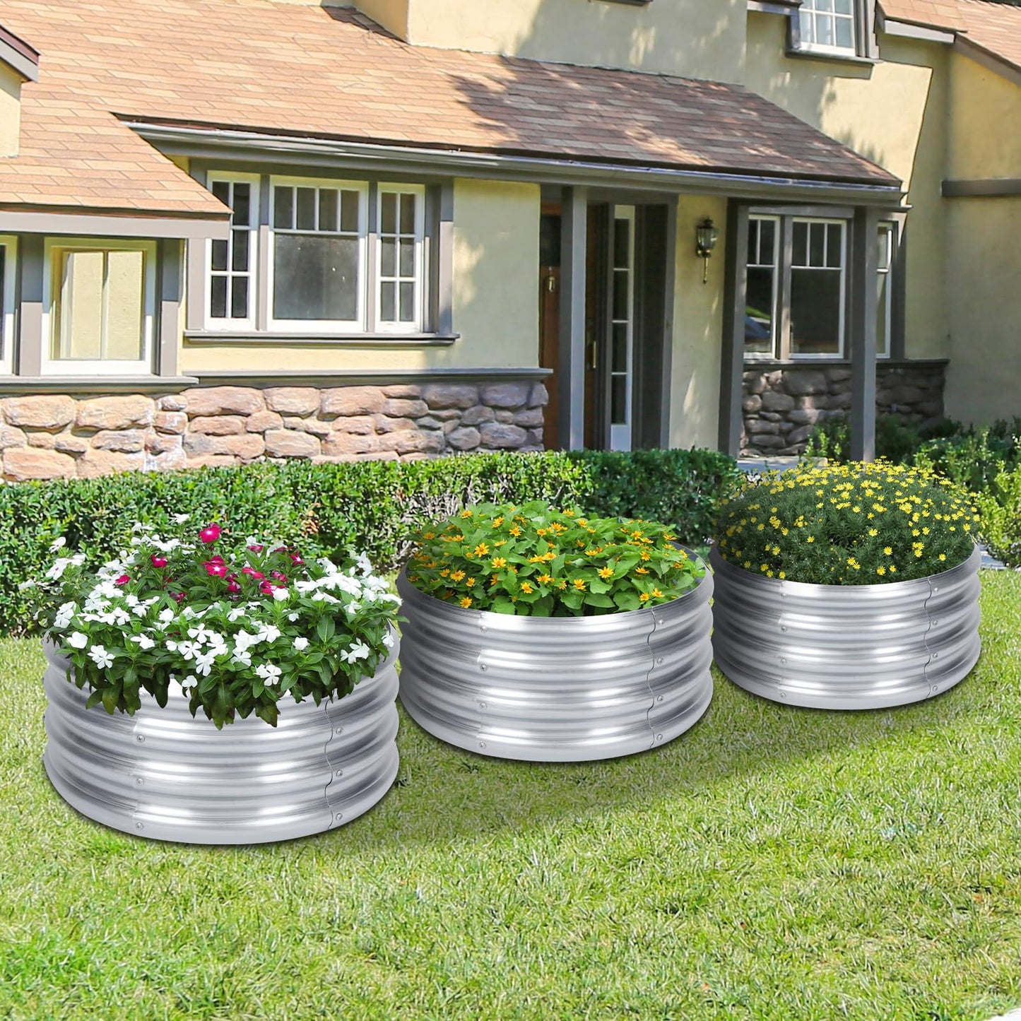 PINPON 3-Pack Galvanized Fire Pit Ring 2x2x1 ft, Round Heavy-Duty Metal Fire Ring for Outdoor Wood Burning, Rust-Resistant, Also Use as Raised Garden Bed for Vegetables Flowers