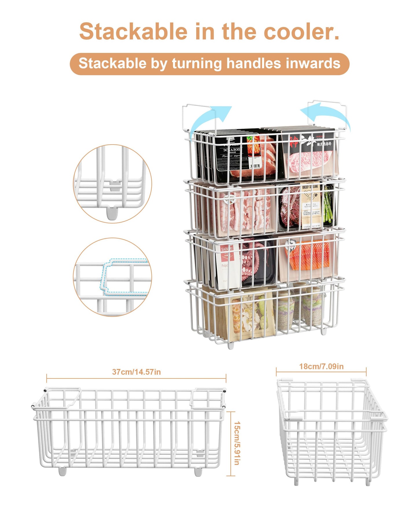 UMDONX 4 Pack Chest Freezer Organizer Baskets Stackable Storage Bins for 7 Cu.Ft Deep with Foldable Handles, Kitchen Pantry Shelf Rack, Durable Metal White Load 45LBS
