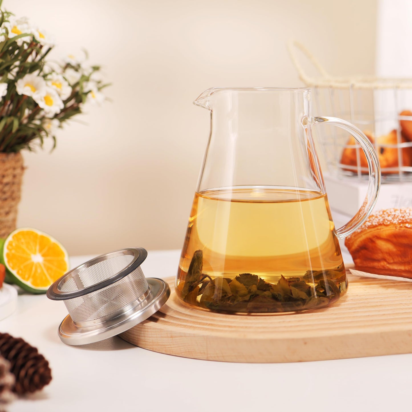 CNGLASS 30.5oz/900ml Glass Teapot Stovetop Safe,One-Touch Clear Tea Kettle,Blooming and Loose Leaf Tea Maker Set
