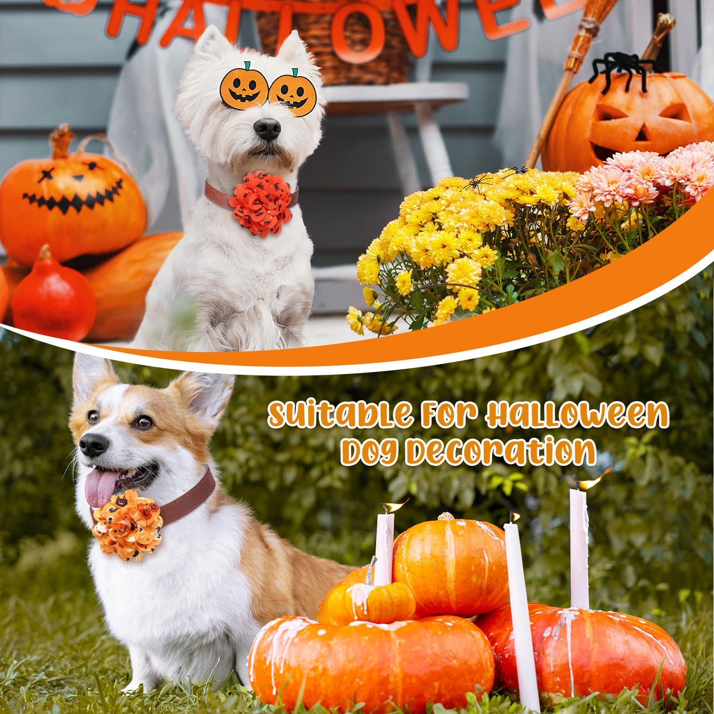 Silkfly 80 Pcs Halloween Dog Collar Flowers Bulk Holiday Pet Collar Bows Grooming Accessories for Small Medium Large Cat Puppy Dog(Pumpkin Style)
