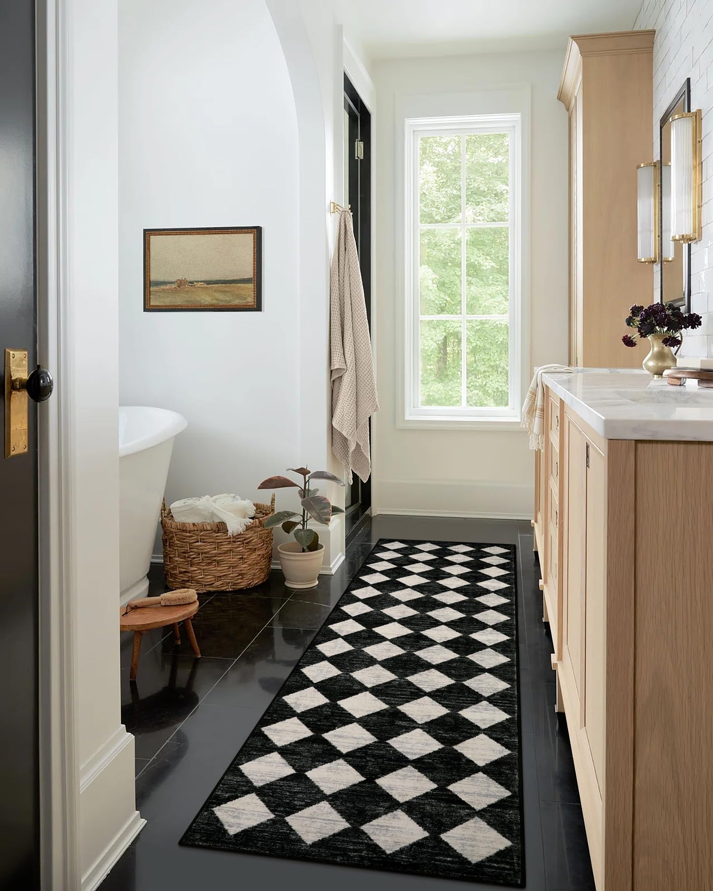 Lahome Checkered 2x8 Black Hallway Kitchen Bathroom Runner Rug with Rubber Backing, Washable Non Skid Moroccan Trellis Entry Carpet Runner Indoor Mat for Camper Entryway Bedroom Hardwood Floor